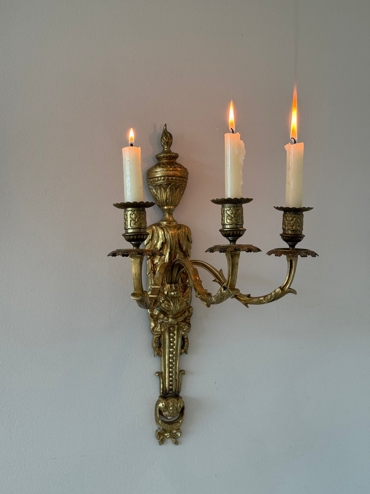 Antique French Solid Brass Three-Arm Wall Sconce, Louis XVI Revival