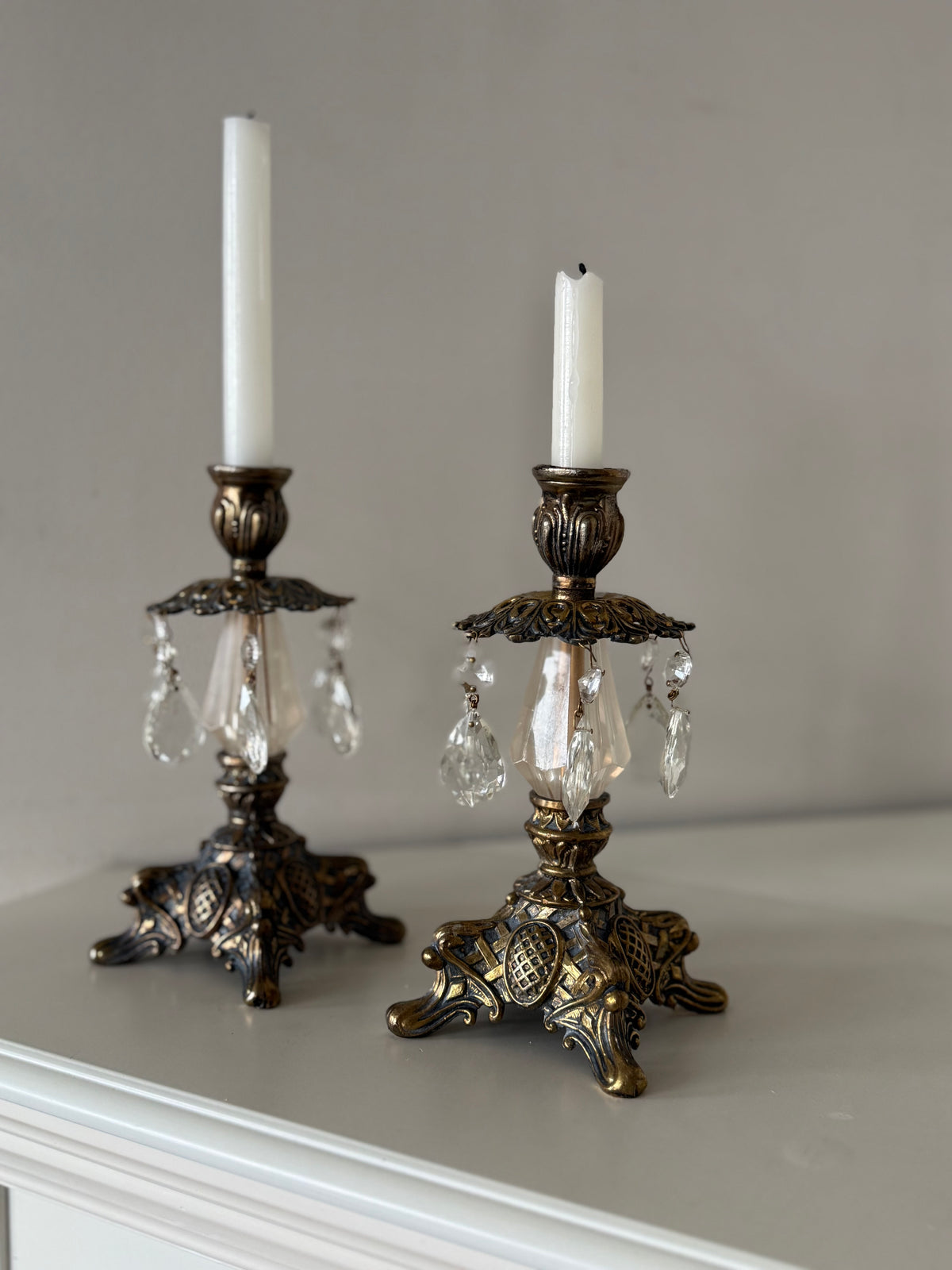 Vintage Hollywood Regency Crystal Prism Candlesticks – Pair