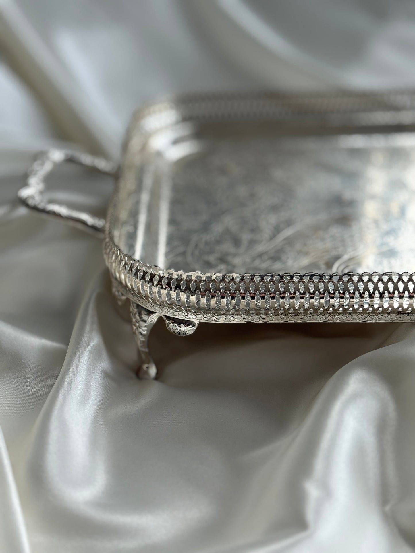 Vintage Silver Plated Serving Tray with Handles – Ornate Footed Design