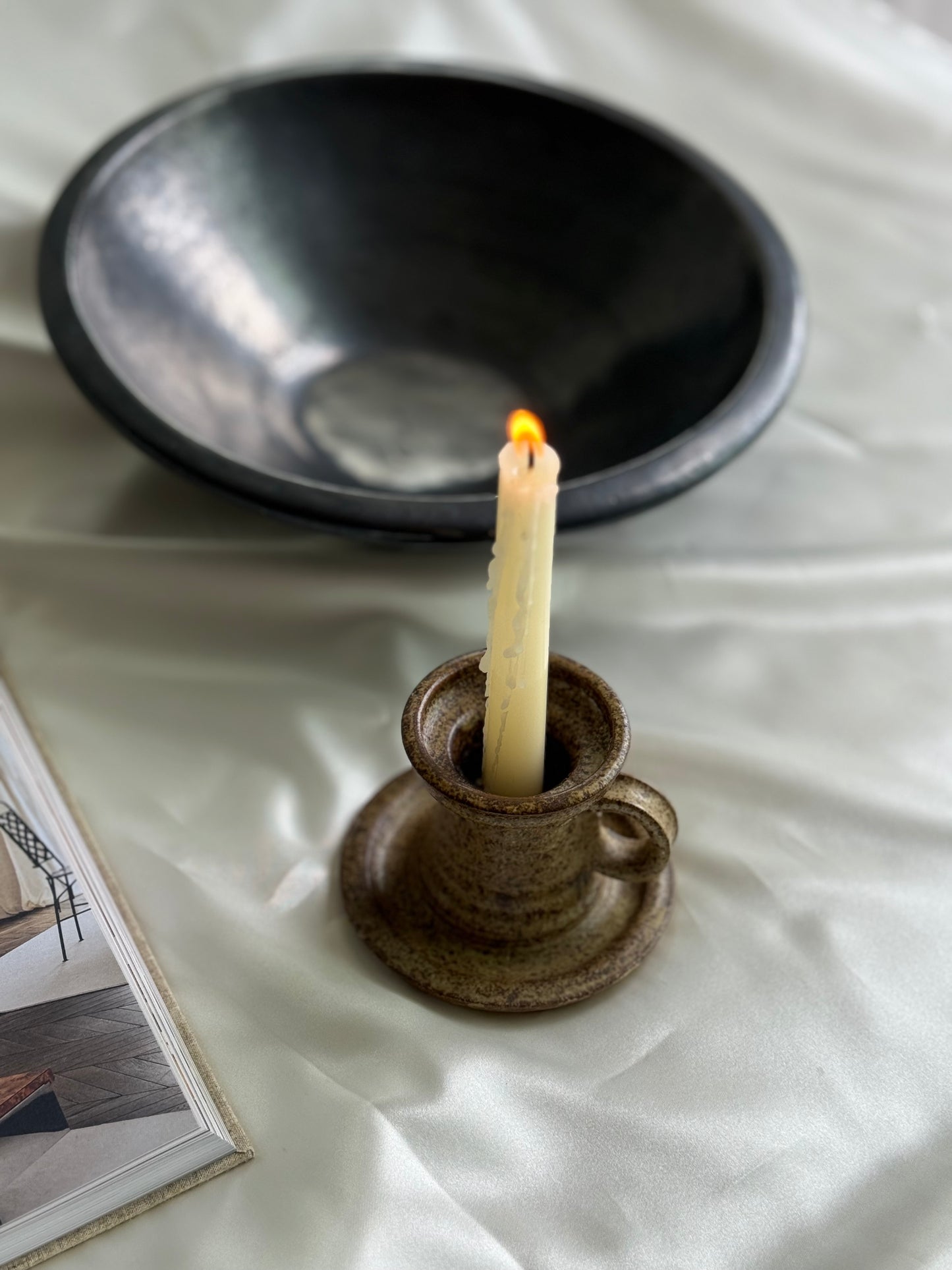 Vintage Speckled Stoneware Chamberstick – Earthy Studio Pottery Candleholder