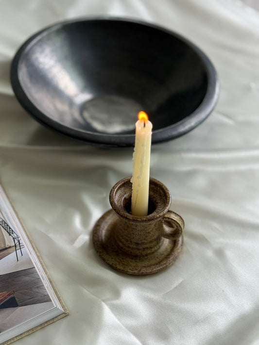Vintage Speckled Stoneware Chamberstick – Earthy Studio Pottery Candleholder