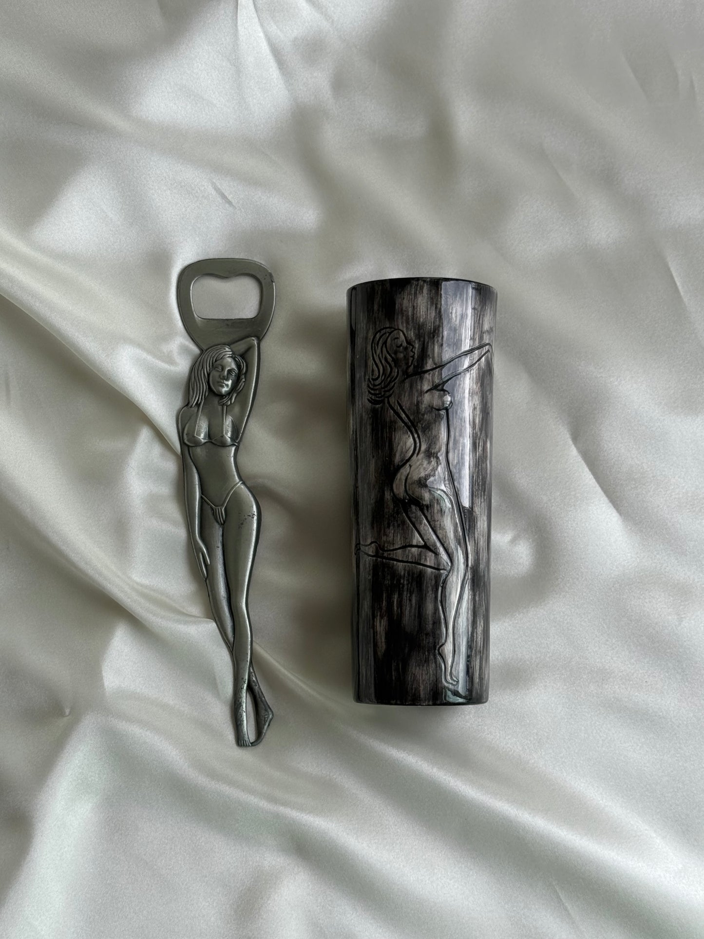 Curated Vintage Nude Silhouette Set – Modernist Tumbler & Figural Bottle Opener