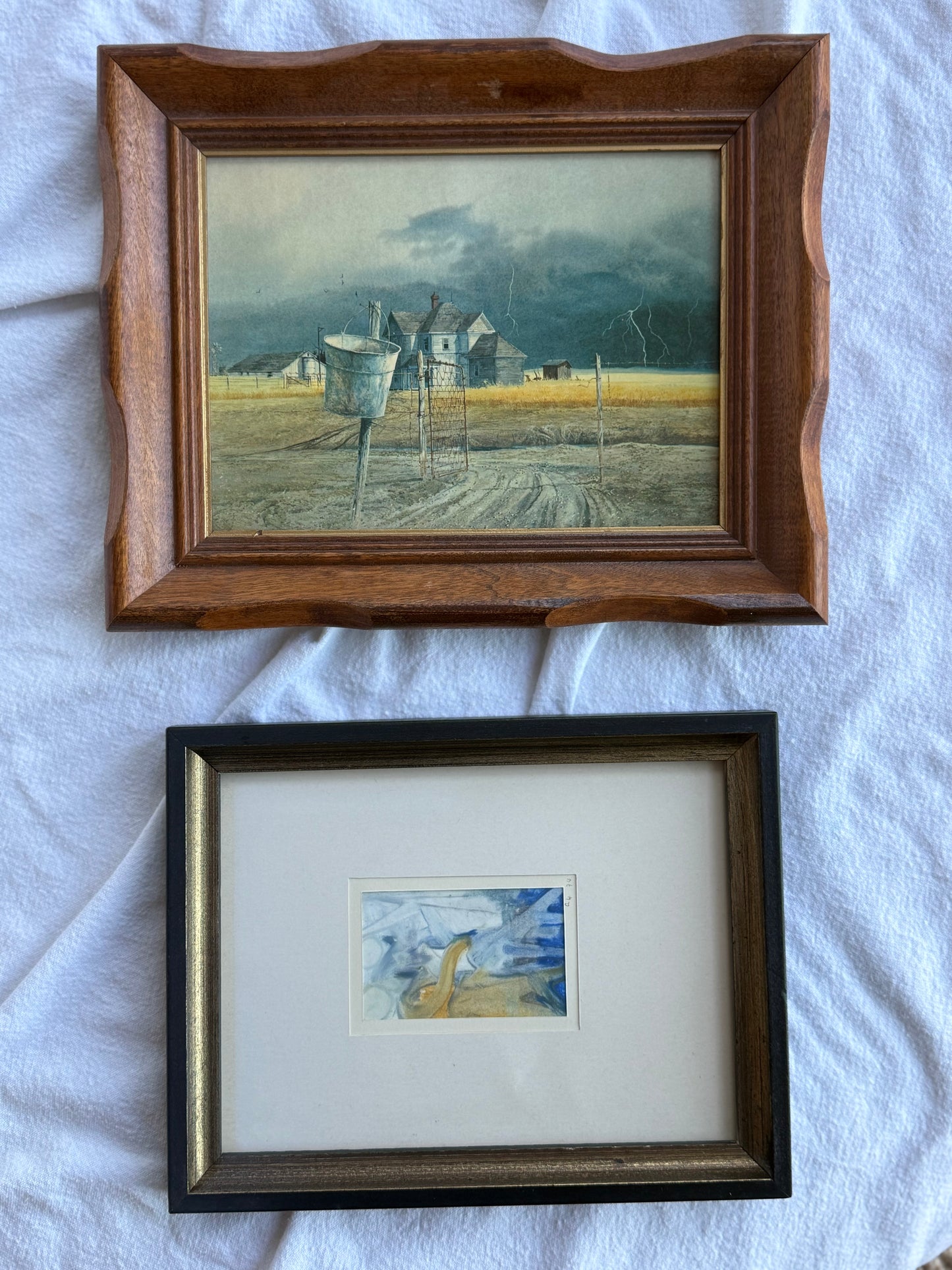 Pair of Vintage Framed Art Prints – Rustic Farm Landscape & Abstract Miniature