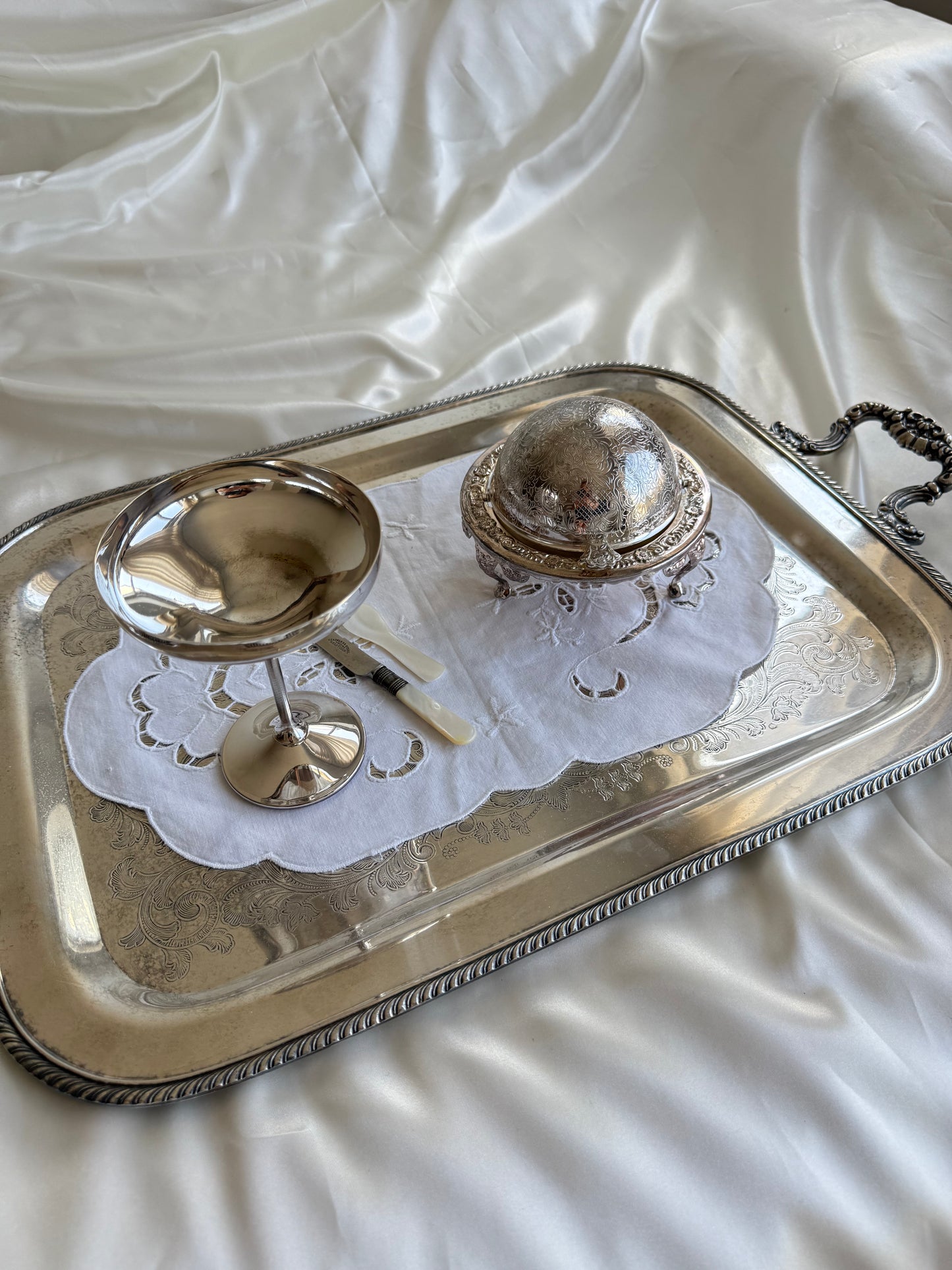 Vintage English Silver Plated Caviar Server with Mother of Pearl Spoon