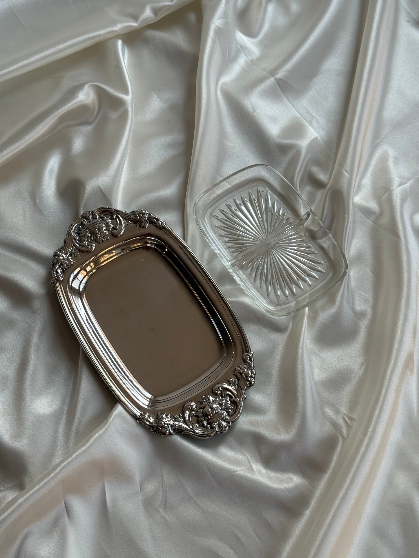 Vintage Silver-Plated Tray with Divided Glass Insert