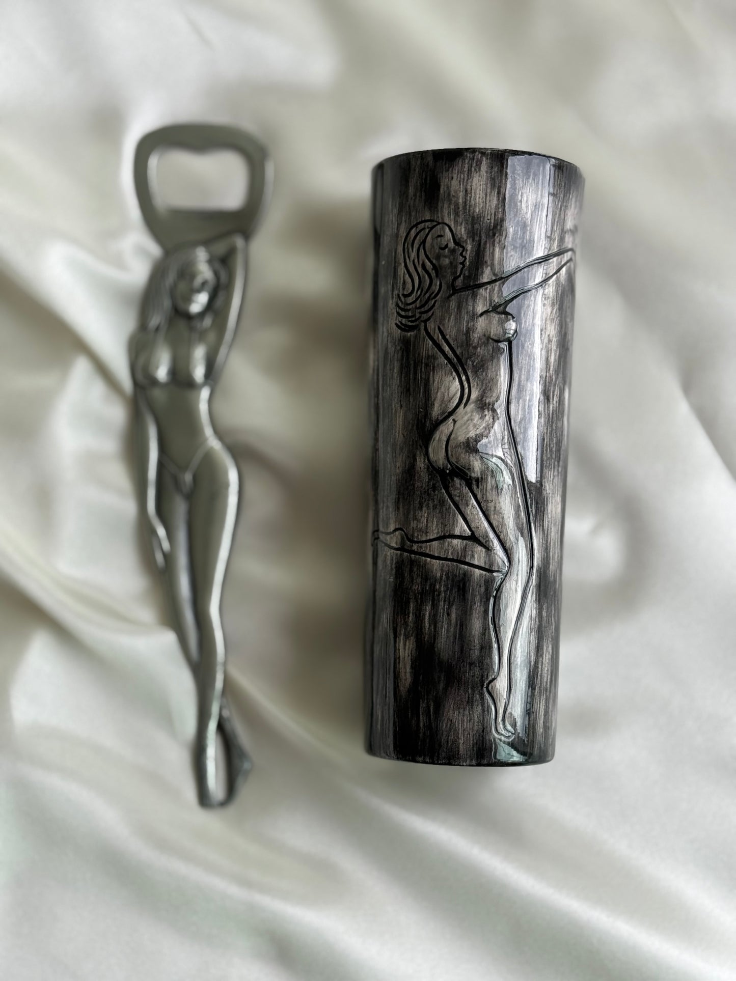 Curated Vintage Nude Silhouette Set – Modernist Tumbler & Figural Bottle Opener