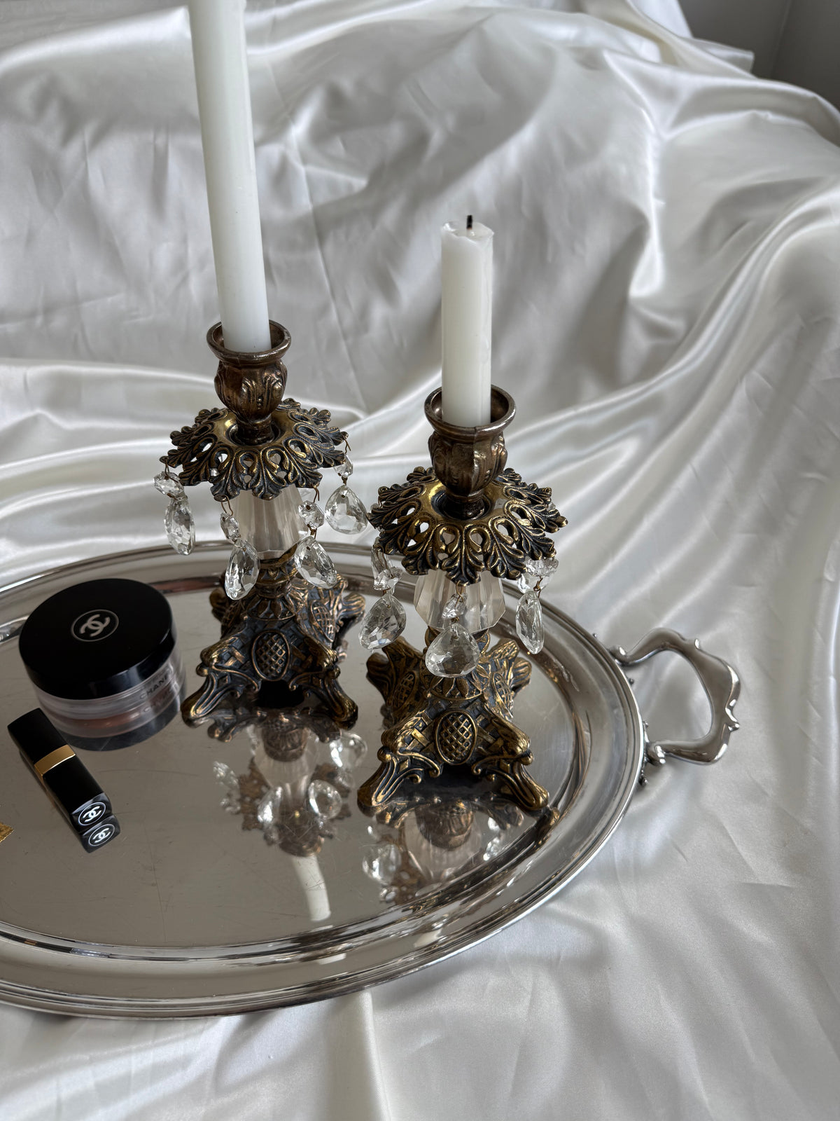 Vintage Hollywood Regency Crystal Prism Candlesticks – Pair