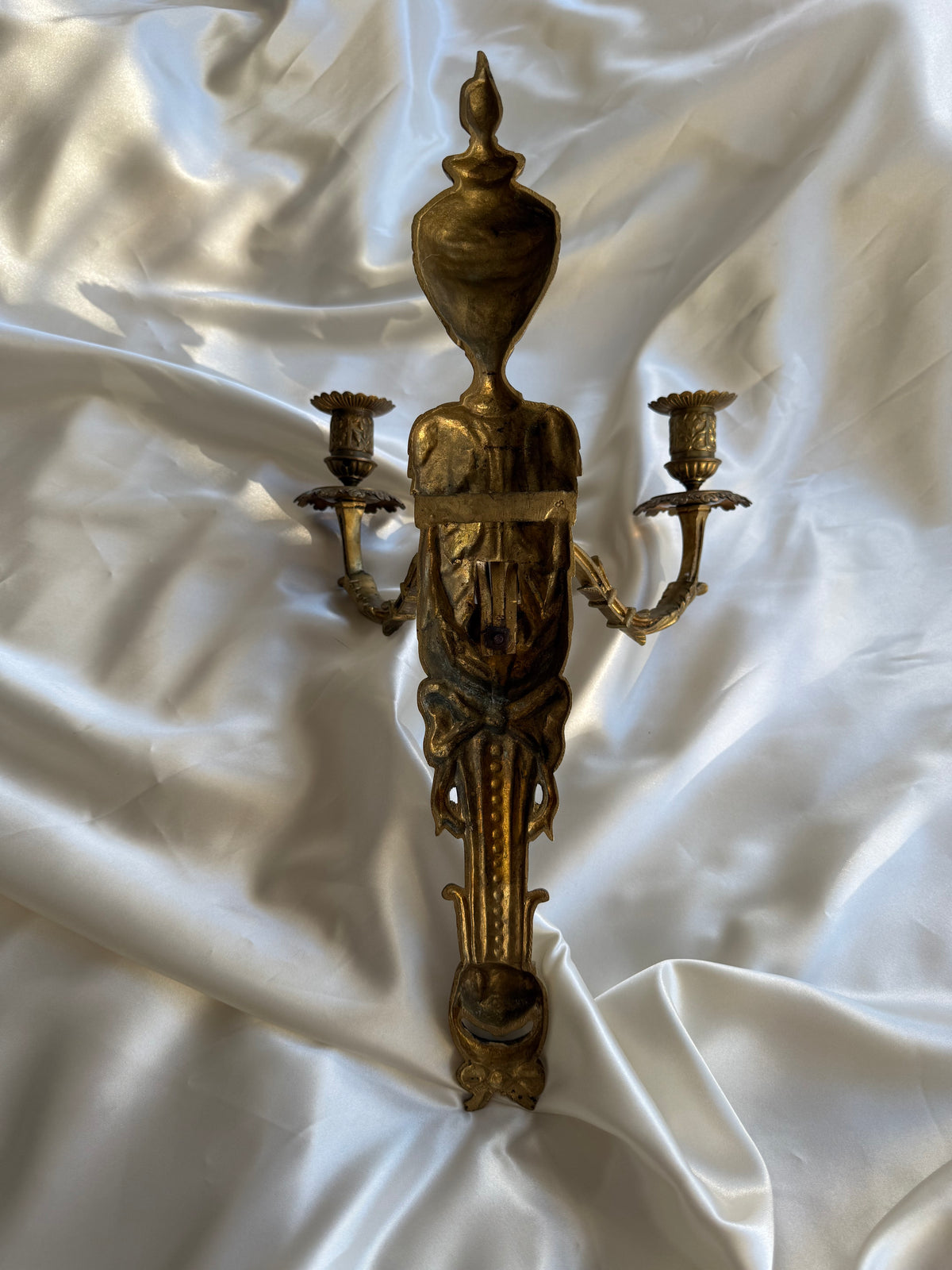 Antique French Solid Brass Three-Arm Wall Sconce, Louis XVI Revival