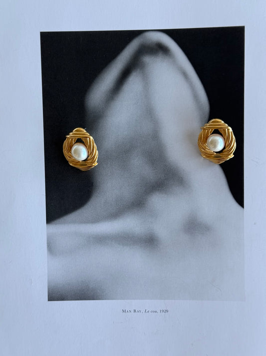 Vintage Pearl Gold-Tone Sculptural Stud Earrings