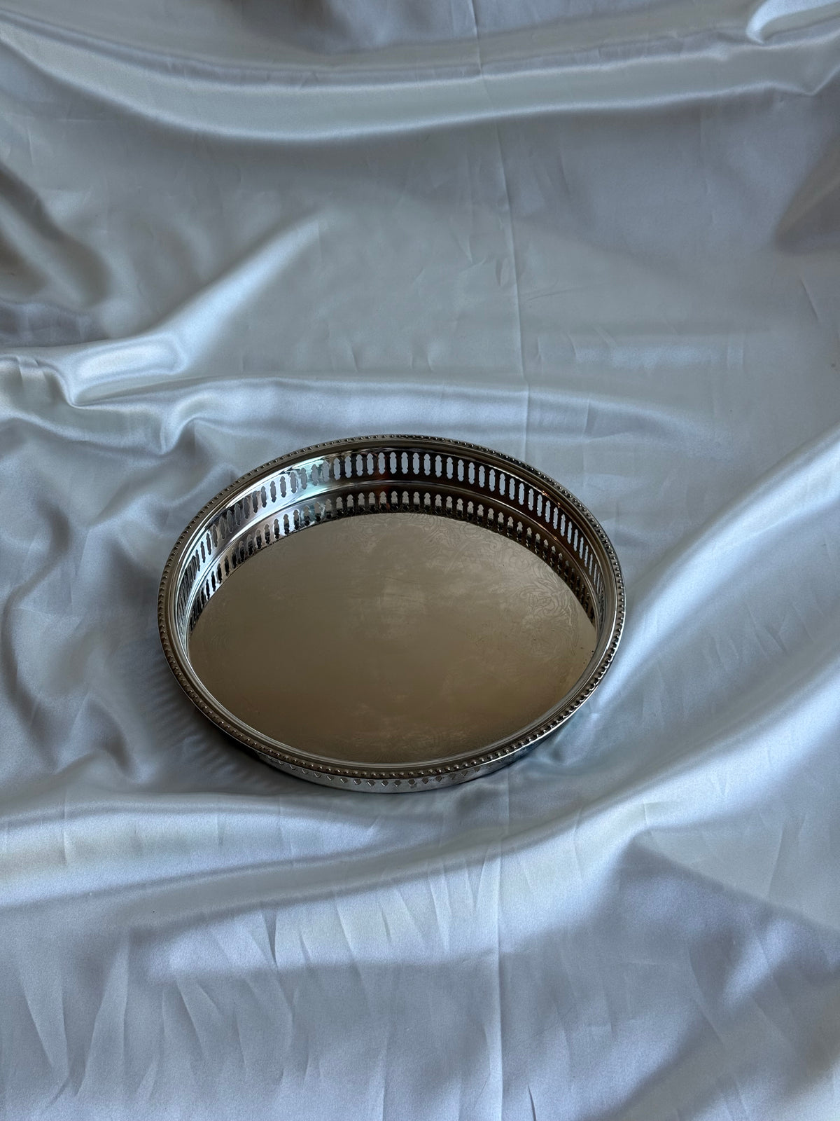 Vintage Silver Plated Round Gallery Tray – 12” Pierced Rim Vanity & Serving Tray