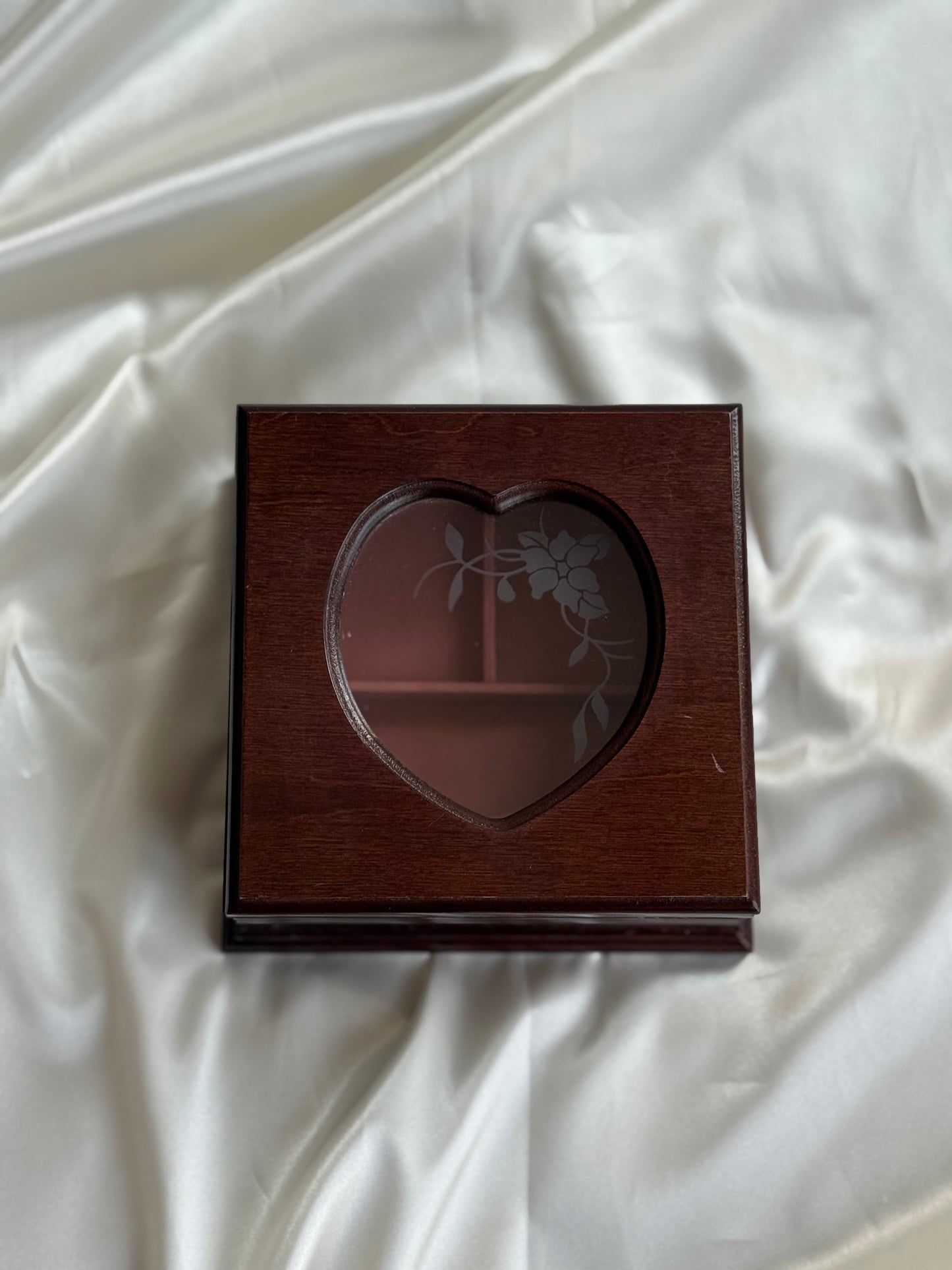 Vintage Wooden Jewelry Box with Heart glass