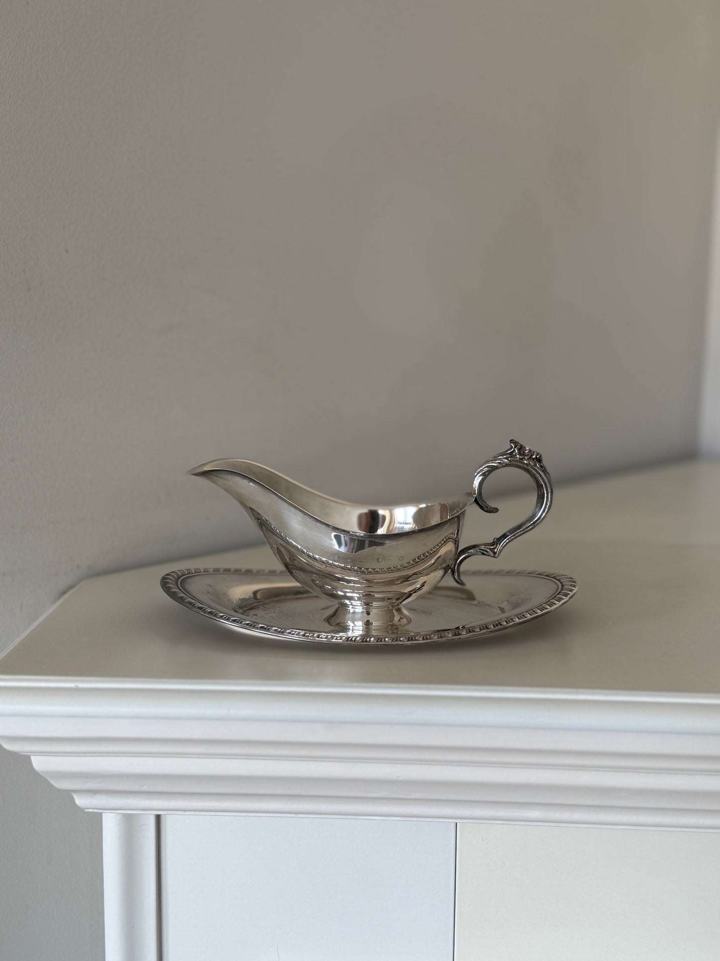 Vintage Silver Plated Gravy Boat with Attached Saucer
