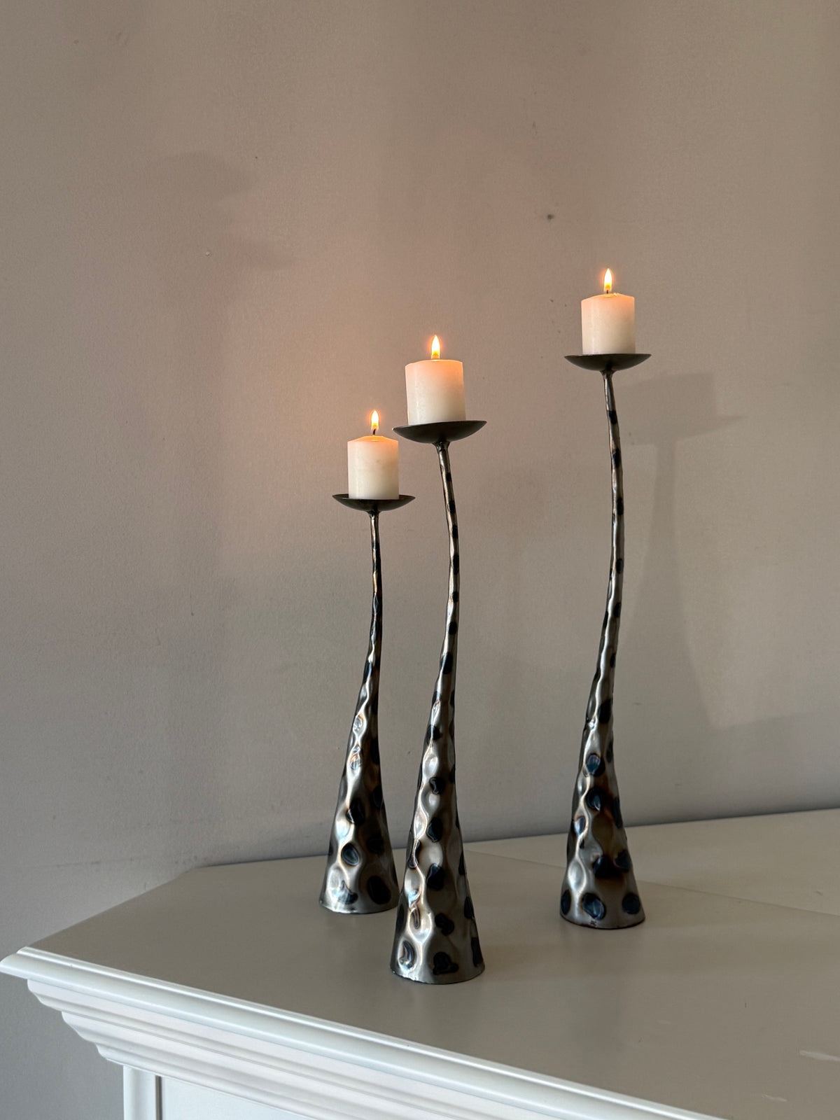 Vintage Brutalist Style Sculptural Metal Pillar Candle Holders – Set of Three