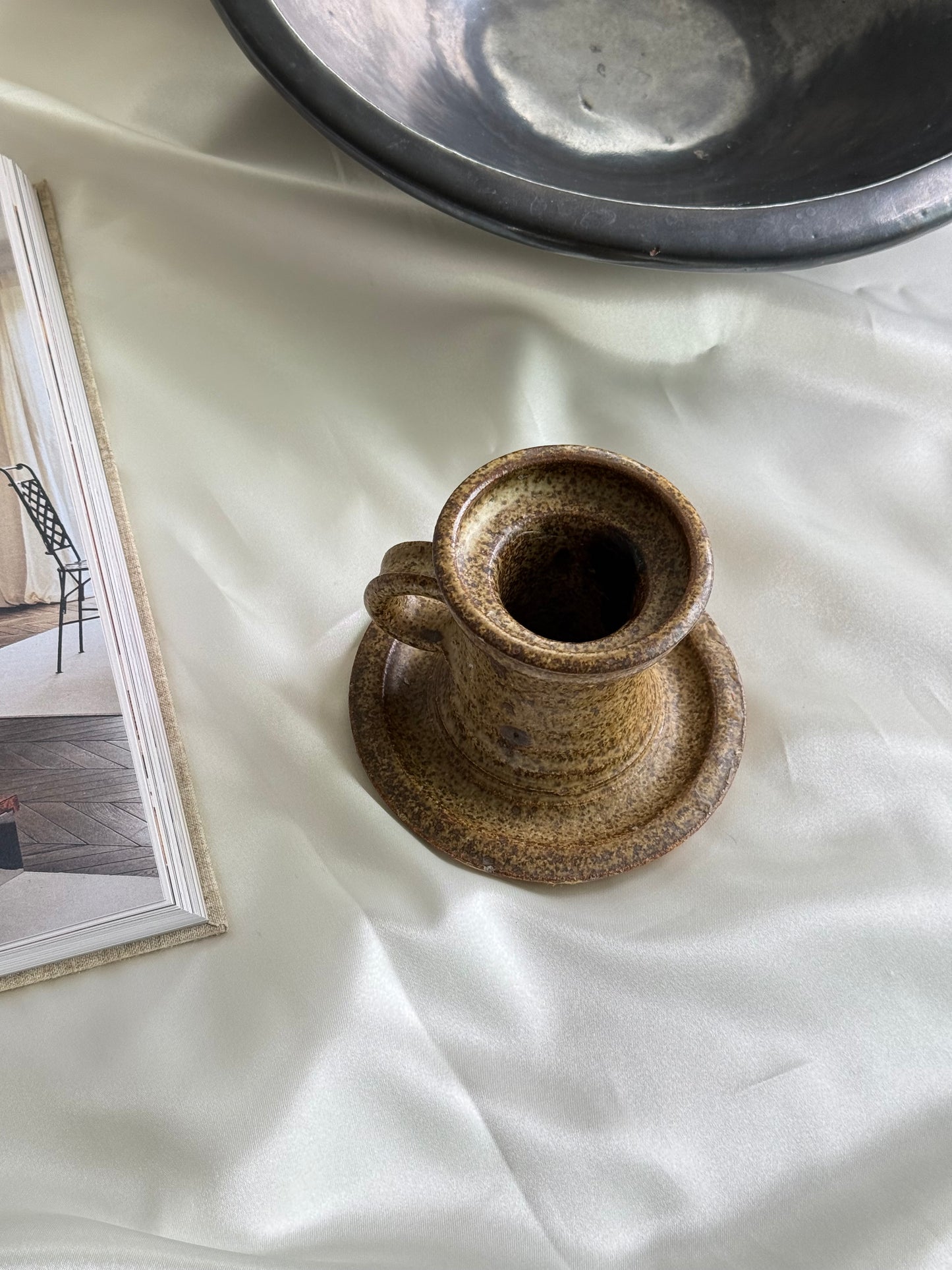 Vintage Speckled Stoneware Chamberstick – Earthy Studio Pottery Candleholder
