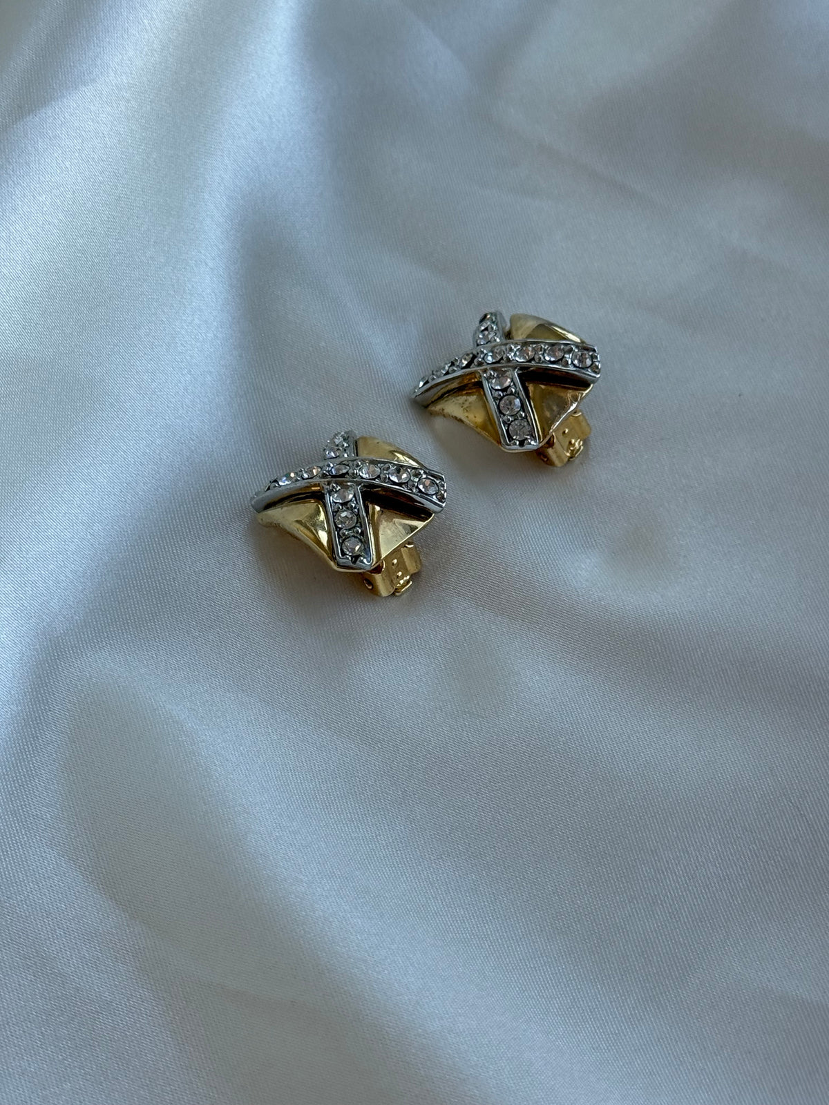 Vintage Two-Tone Rhinestone X Clip-On Earrings