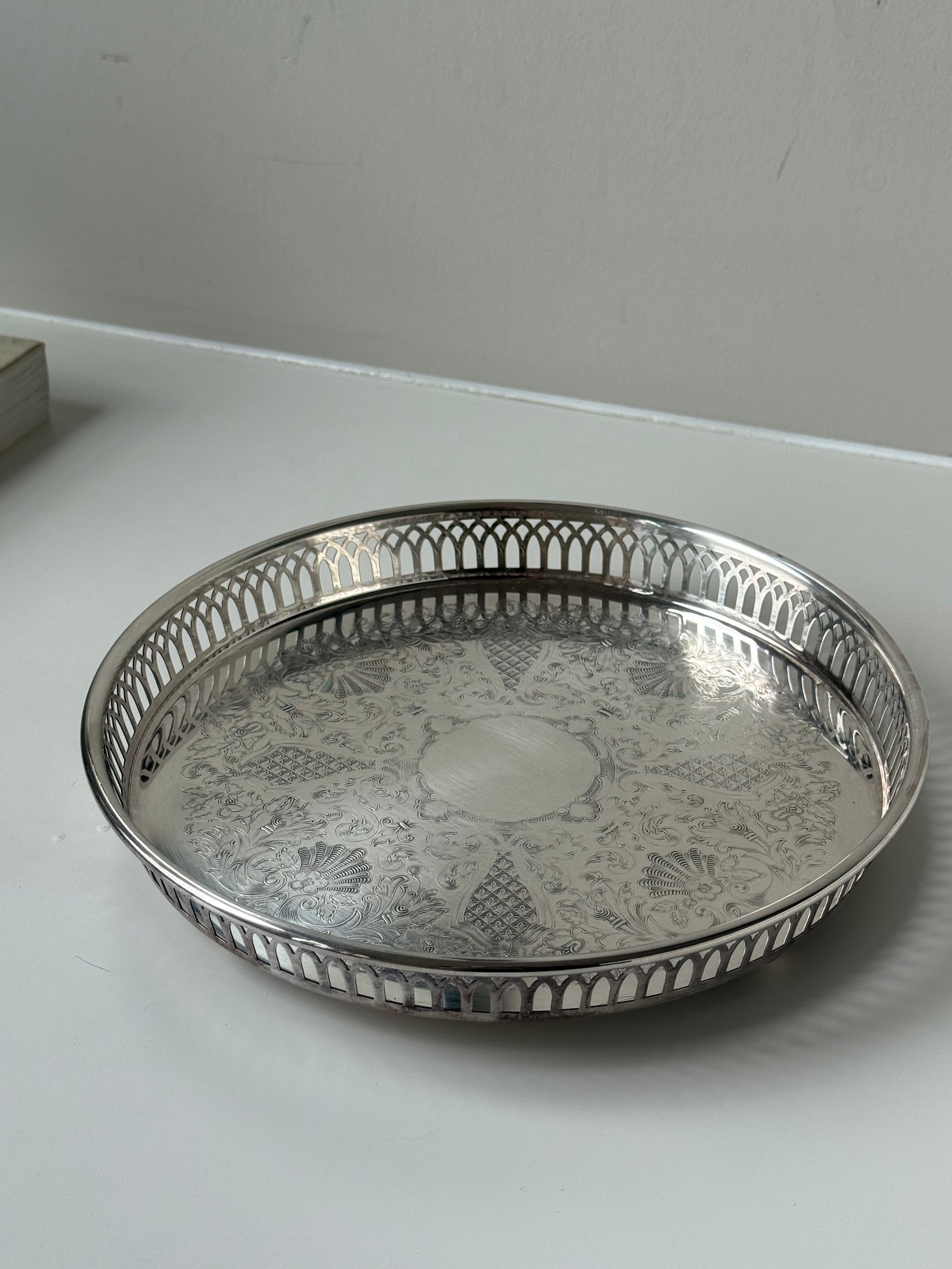 Vintage Silver-Plated Round Serving Tray with Gallery Rim