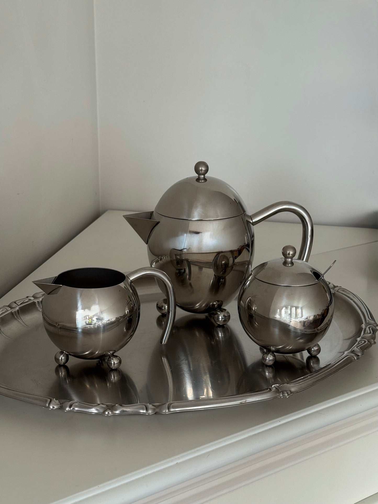 Vintage Mid-Century Stainless Steel Tea Set – 3 Piece