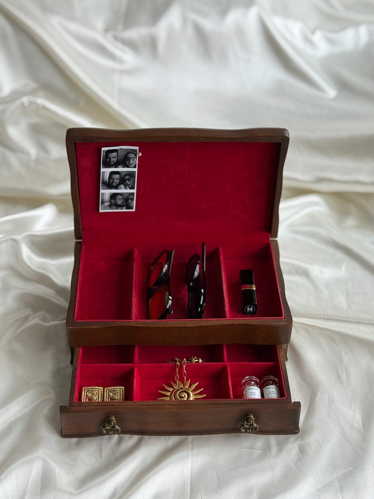 Vintage Wooden Jewelry Box with Red Velvet Interior