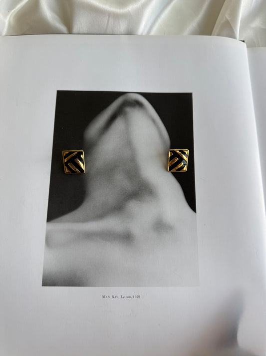 Vintage Black Enamel & Gold Tone Geometric Earrings