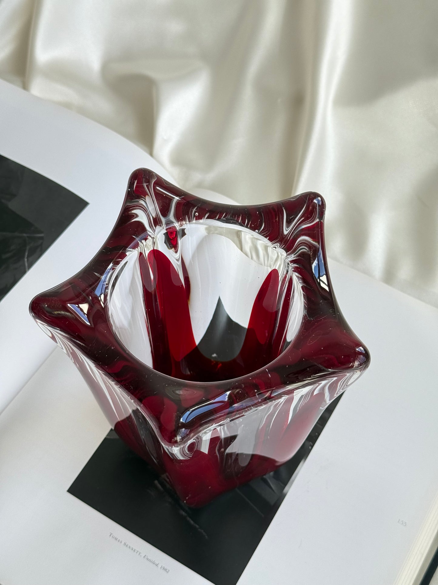 Vintage Murano Style Art Glass Vase – Red & Clear Sculptural Form