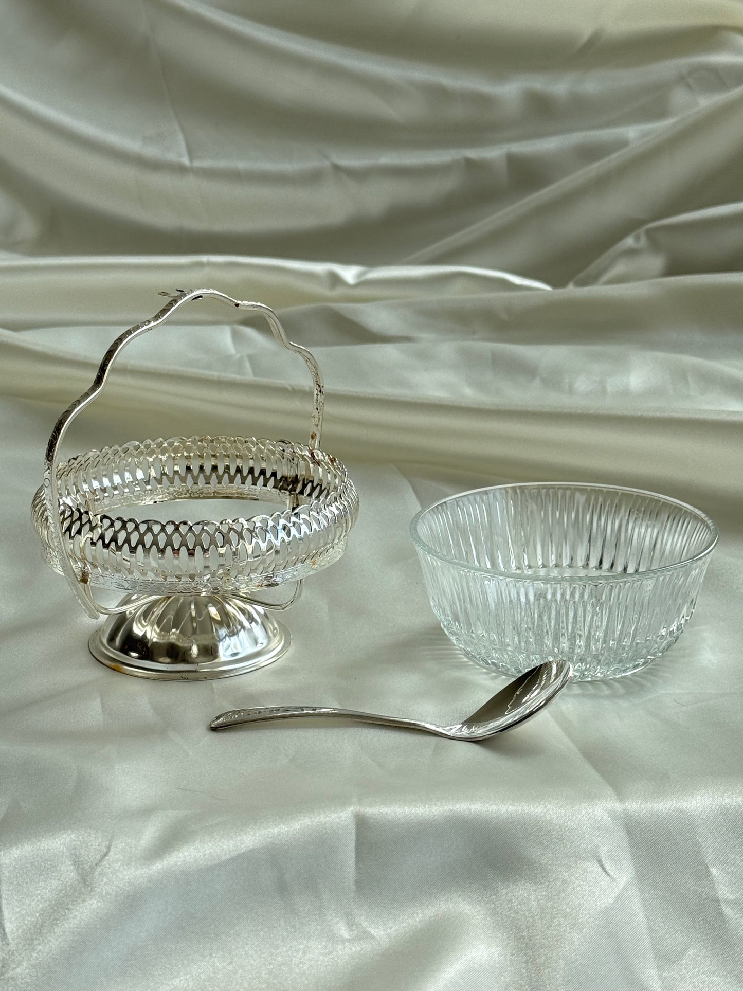 Vintage English Silver Plate Condiment Server with Glass Insert & Spoon
