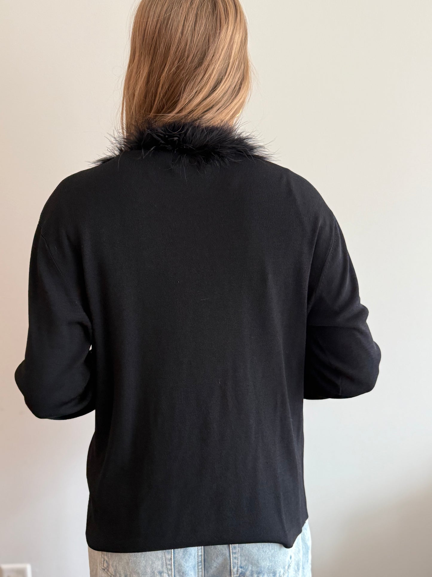 Vintage Black Feather-Trim Knit Cardigan