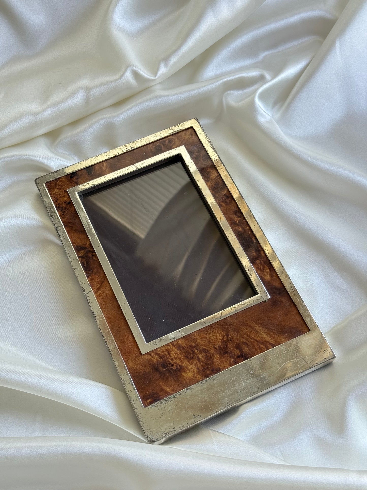Vintage Burl Wood & Silver Tone Picture Frame