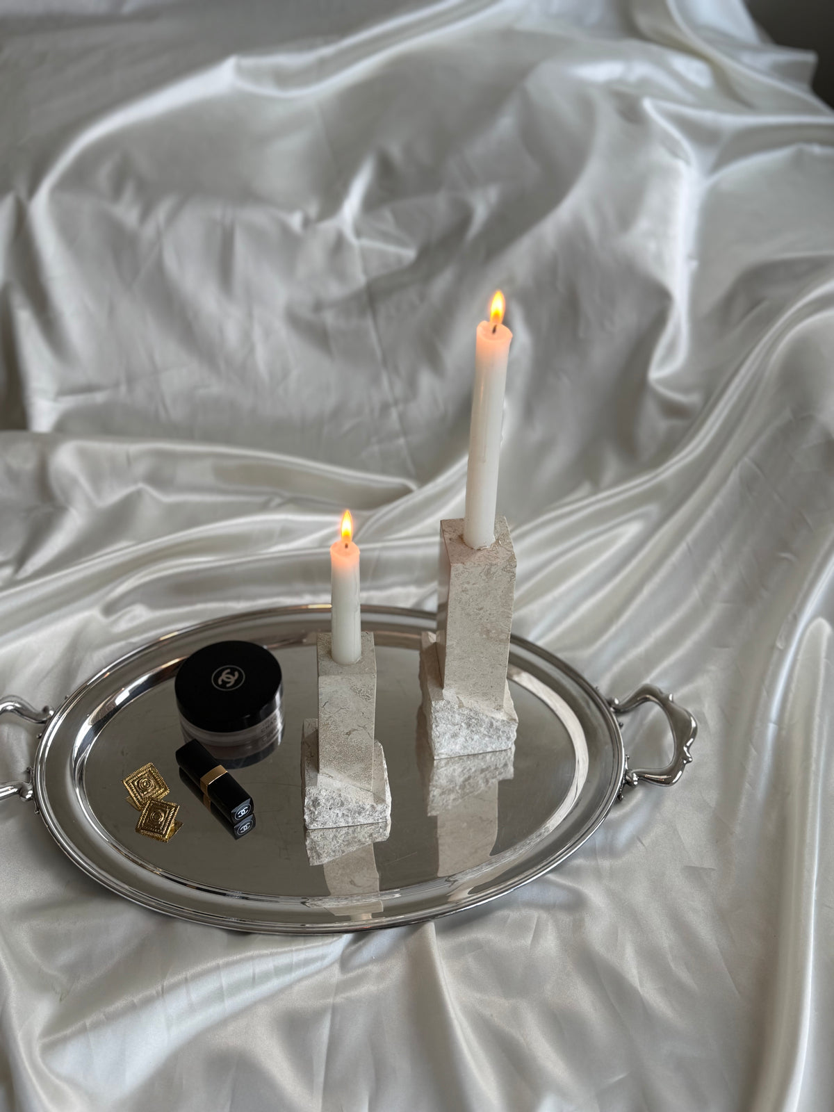 Vintage Renoir Designs Sculptural Travertine Candle Holders – Set of 2