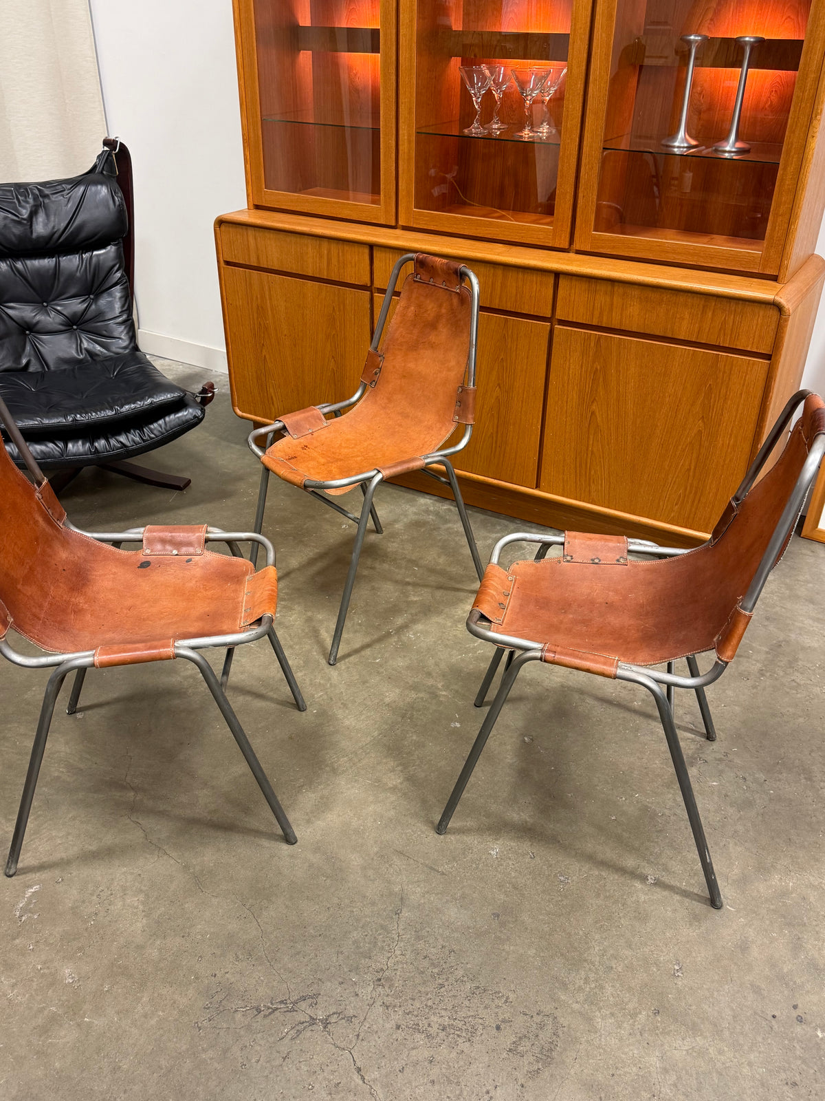 Set of 3 Vintage Dal Vera Model 860 “Les Arcs” Cognac Leather Chairs, c. 1960s–70s