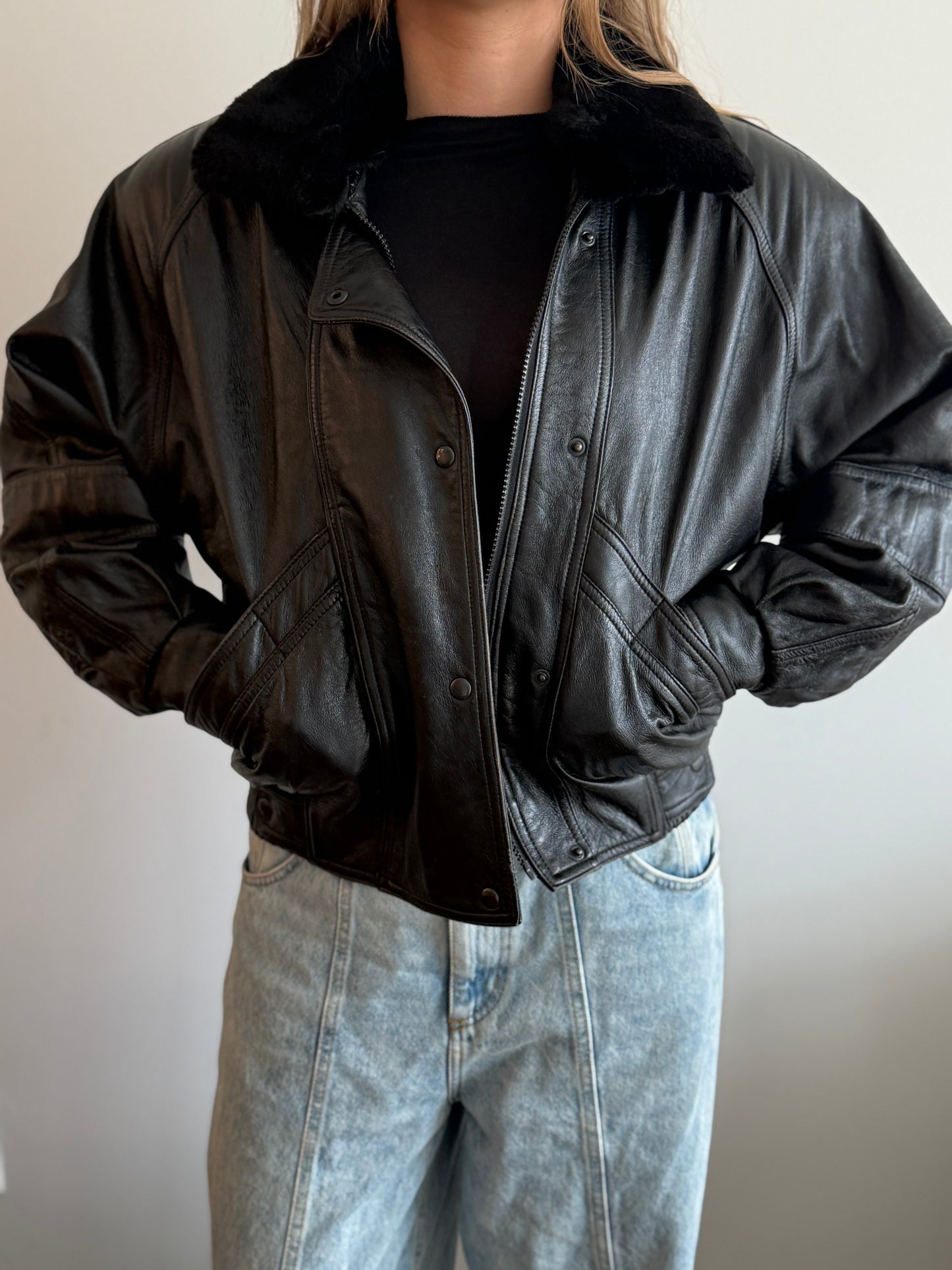 Vintage Black Leather Bomber Jacket with fur collar