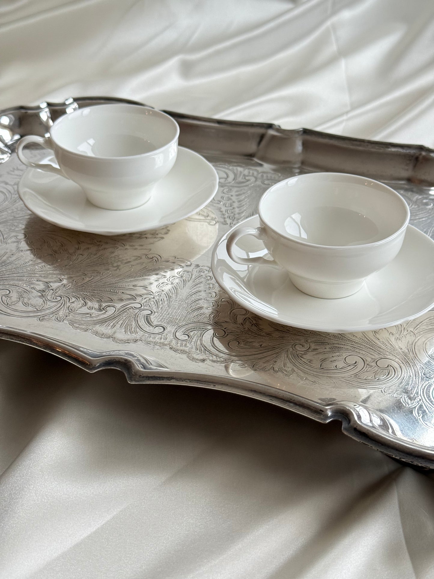 Set of 6 White Porcelain Cups & Saucers