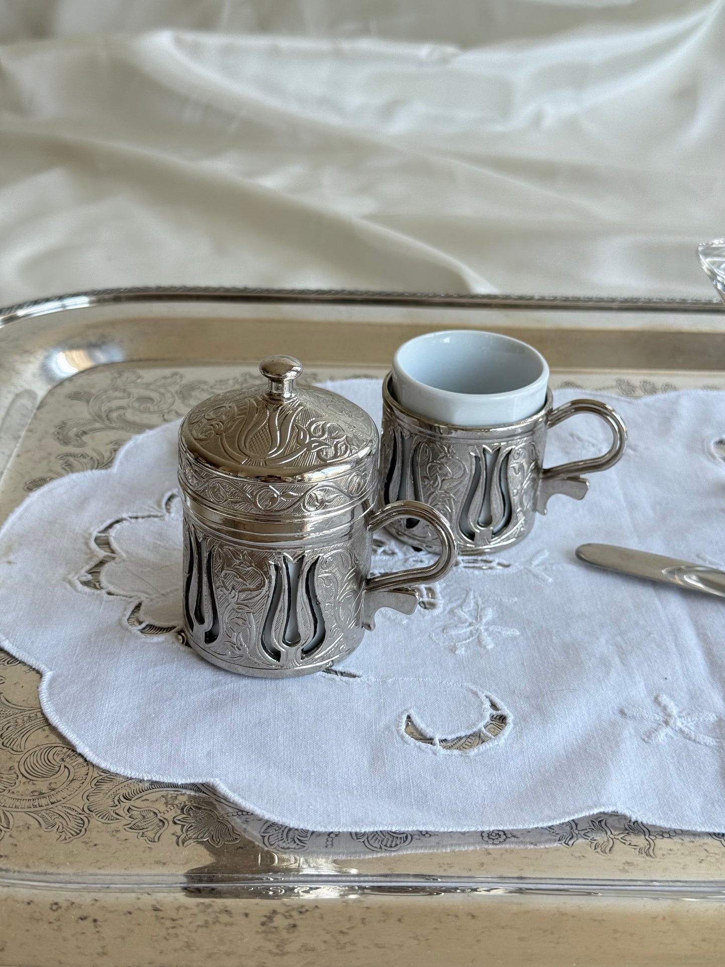 Vintage Turkish Demitasse Cups with Porcelain Insert