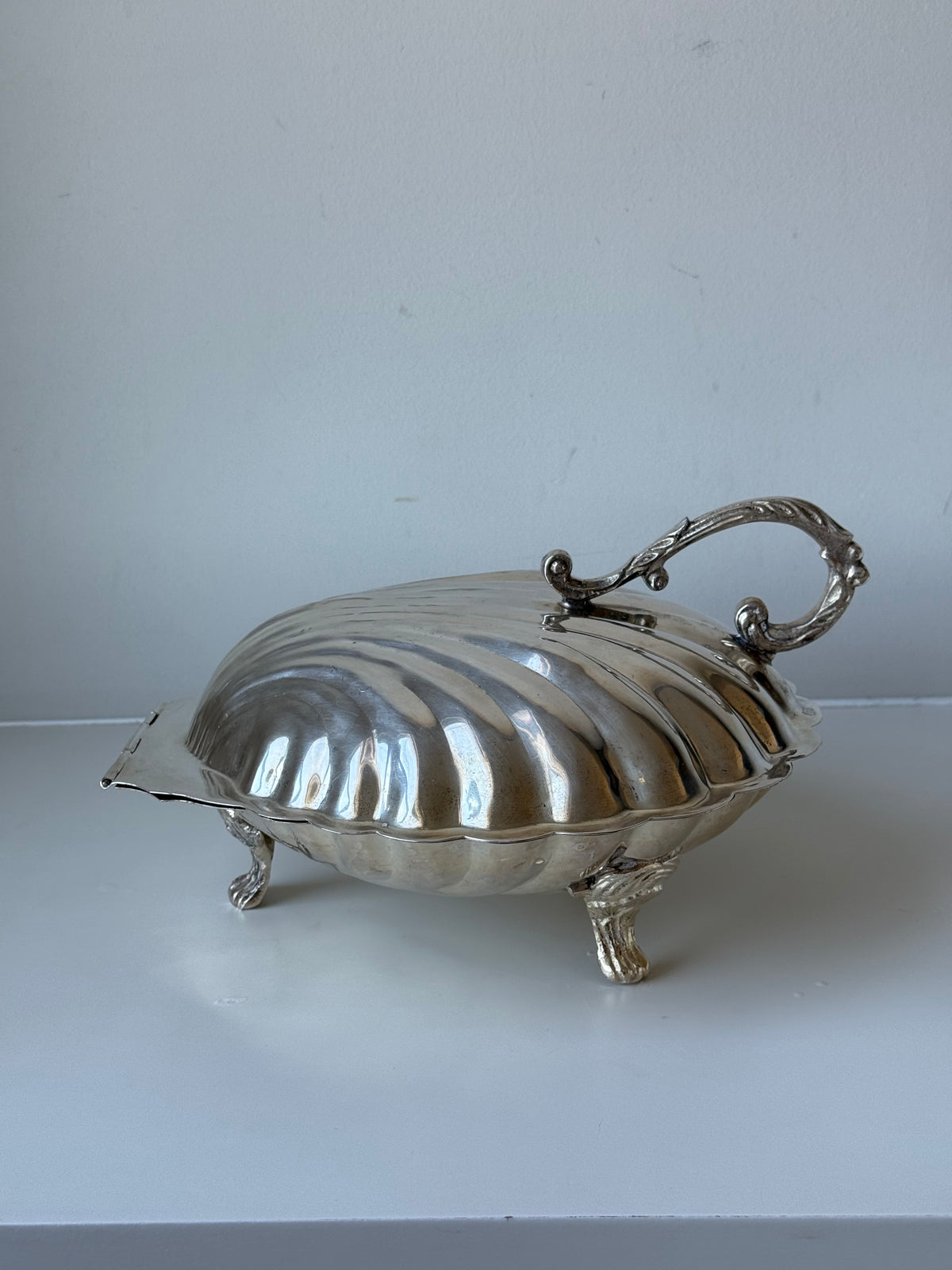 Large Silver-Plated Shell Serving Dish with Lid