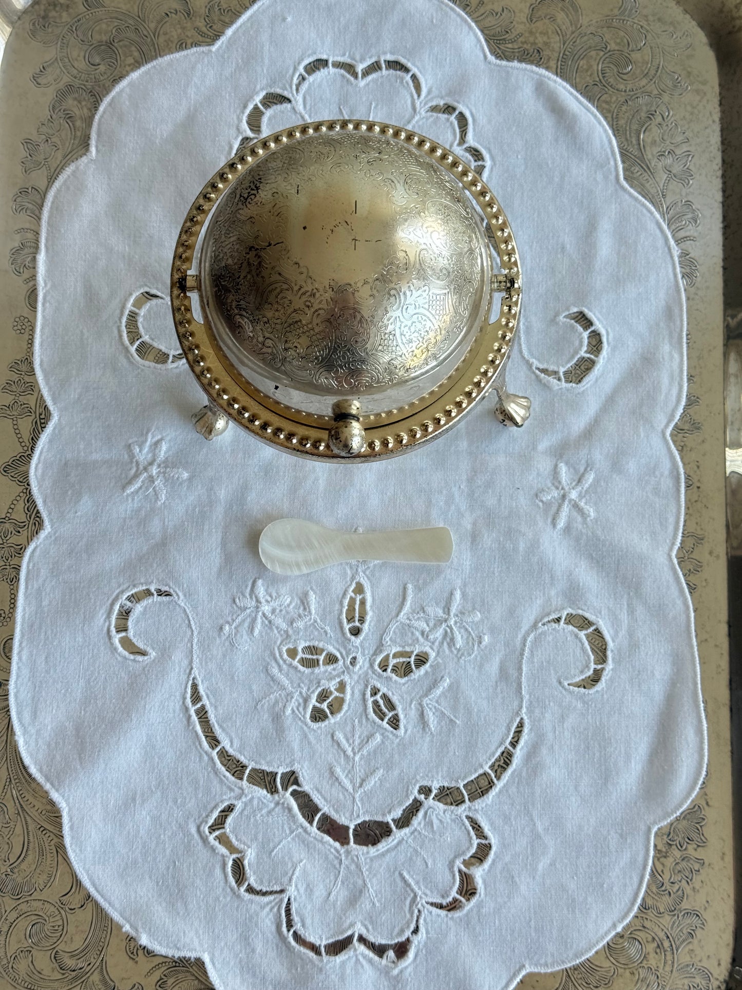 Vintage English Silver Plated Caviar Server with Frosted Glass Insert & Mother of Pearl Spoon