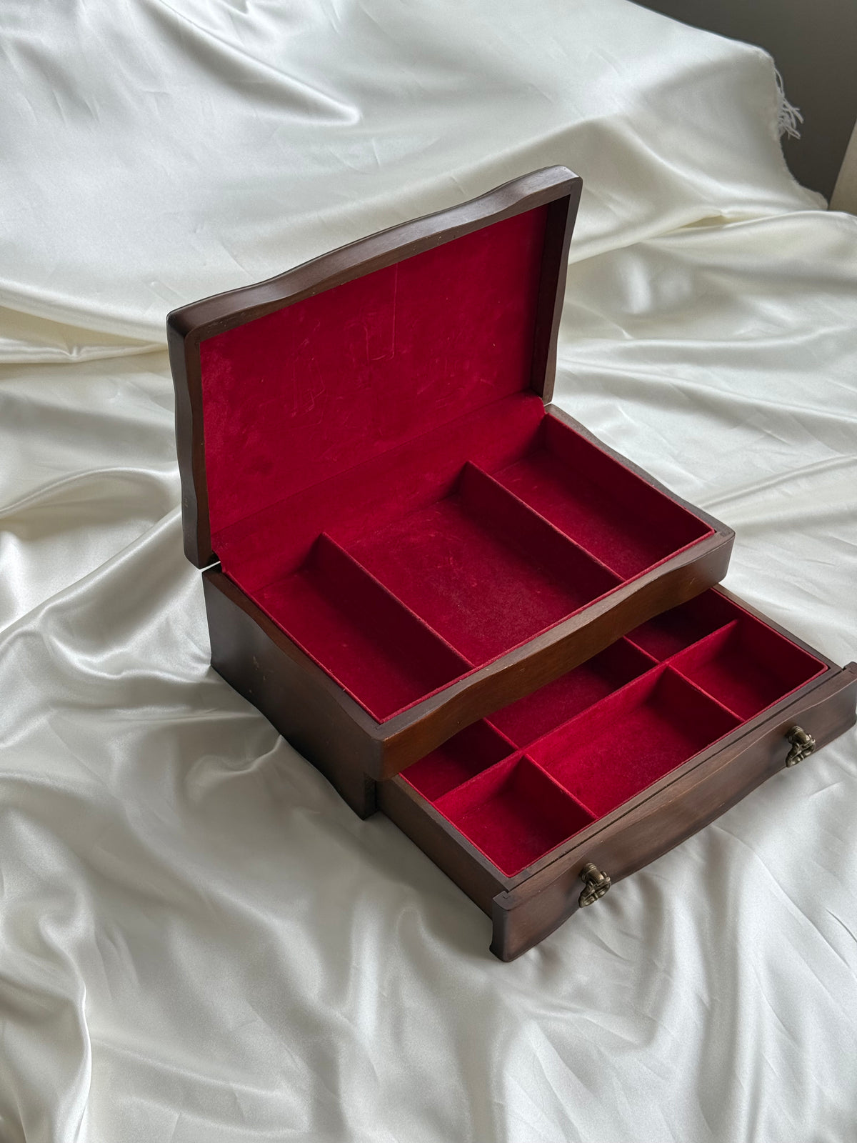 Vintage Wooden Jewelry Box with Red Velvet Interior