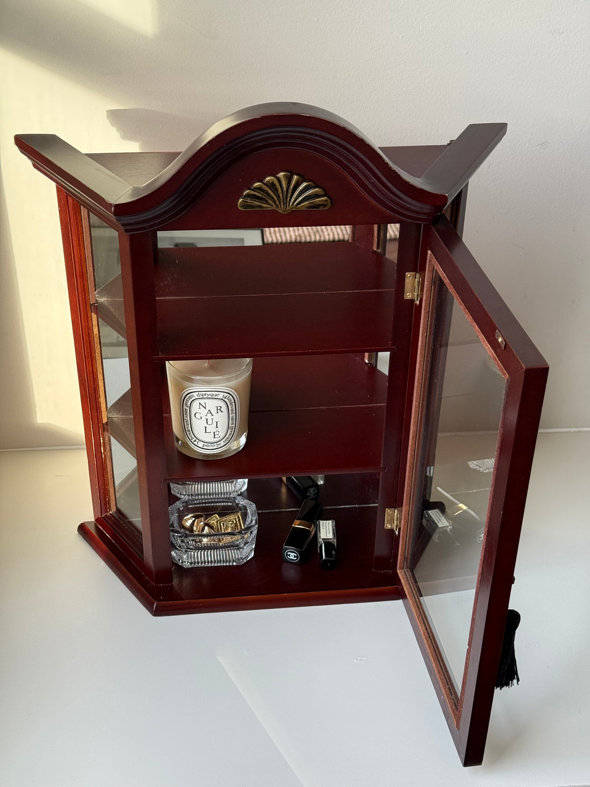 Vintage Mahogany Glass Curio Cabinet with Mirrored Back