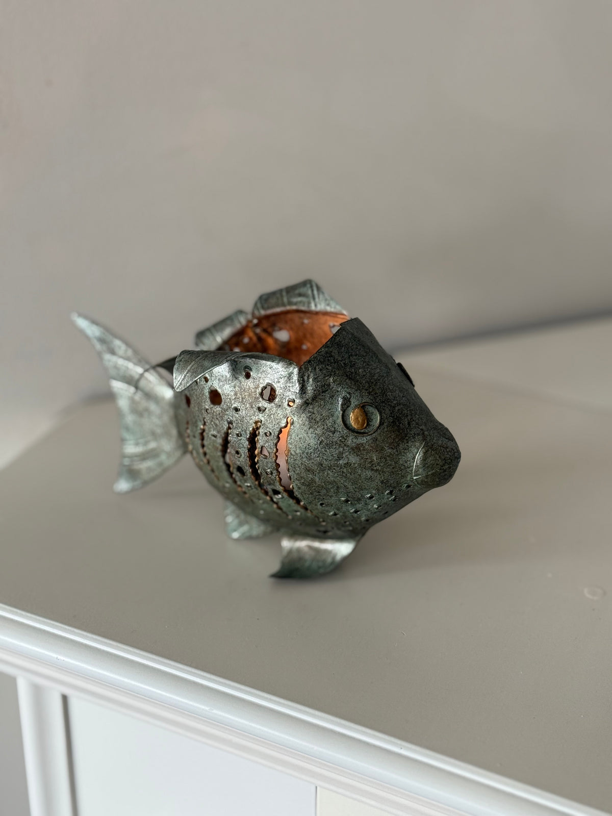 Vintage Pierced Metal Fish Candle Holder