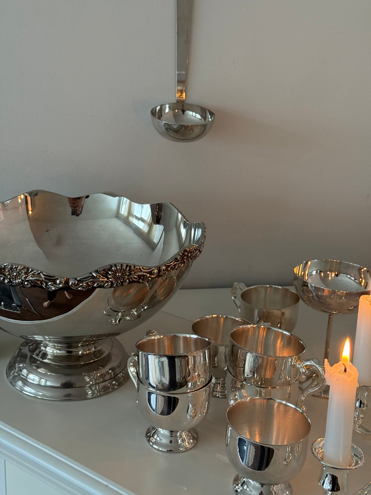 Vintage Silver-Plated Punch Bowl Set with 10 Hanging Cups & Ladle