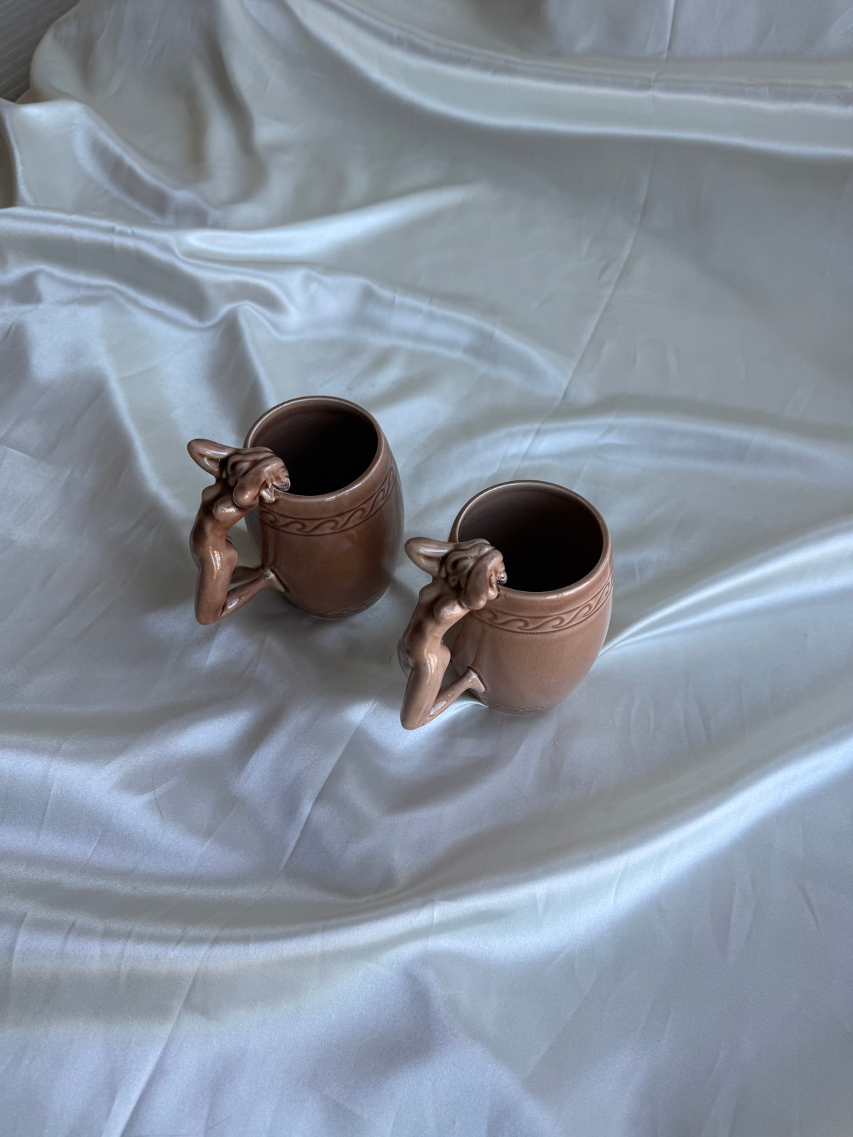 Vintage 1970s Japanese Ceramic Nude Woman Handle Mugs – Set of Two
