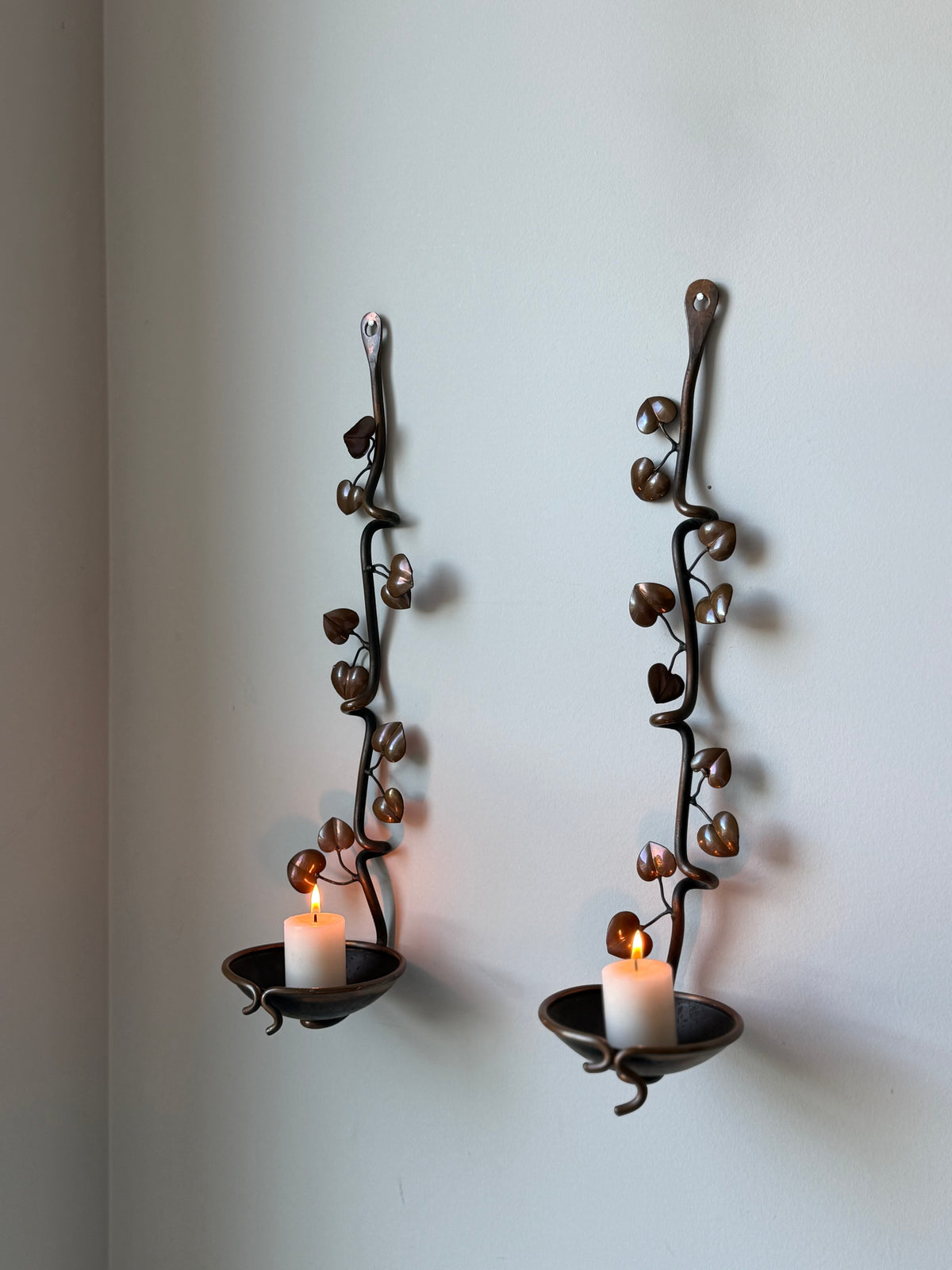 Vintage Handcrafted Botanical Vine Wall Candle Sconces – Pair