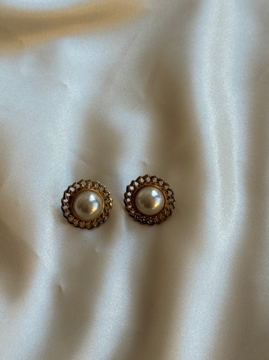 Vintage Faux Pearl & Gold-Tone Chain Clip-On Earrings