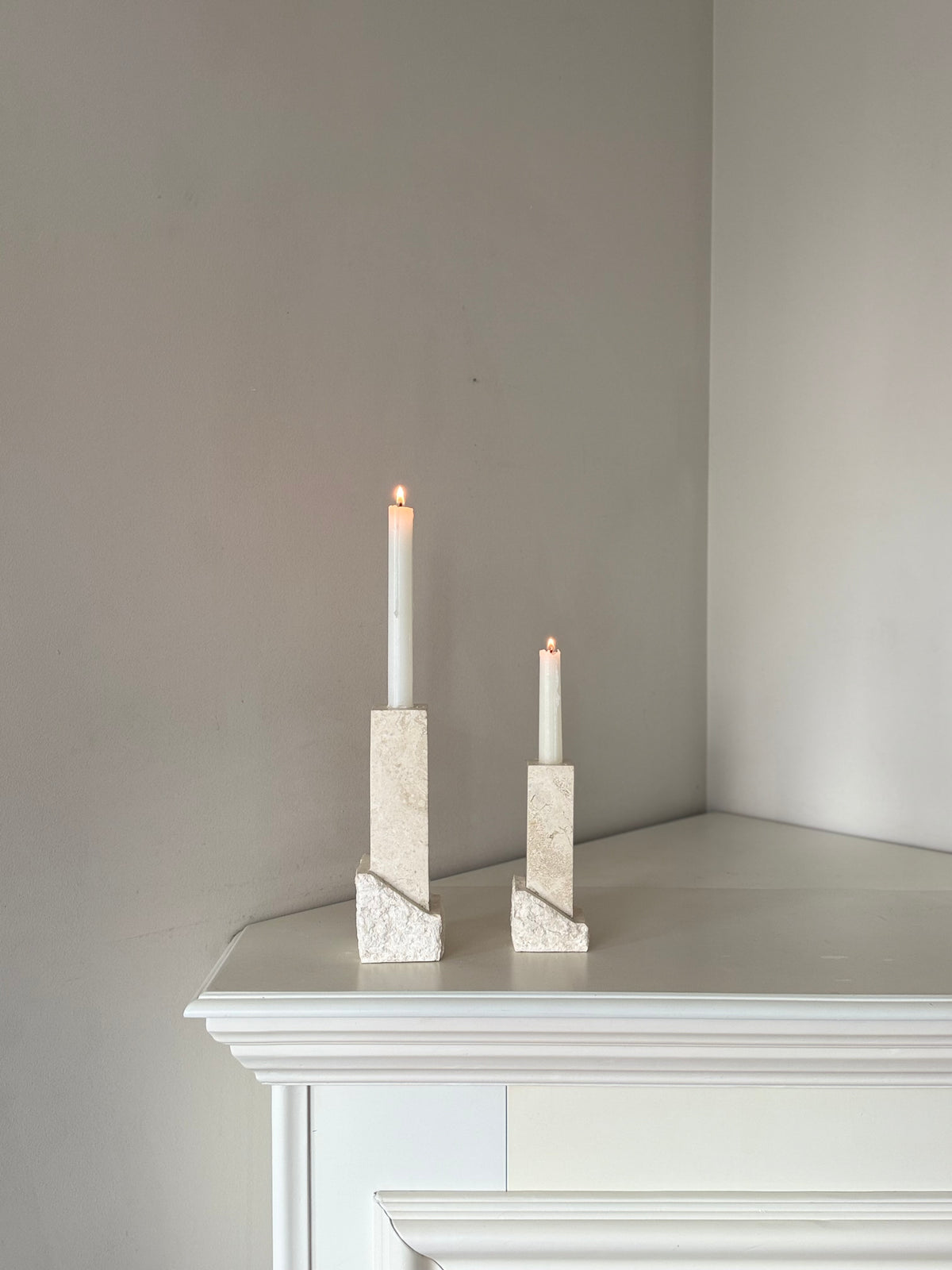 Vintage Renoir Designs Sculptural Travertine Candle Holders – Set of 2