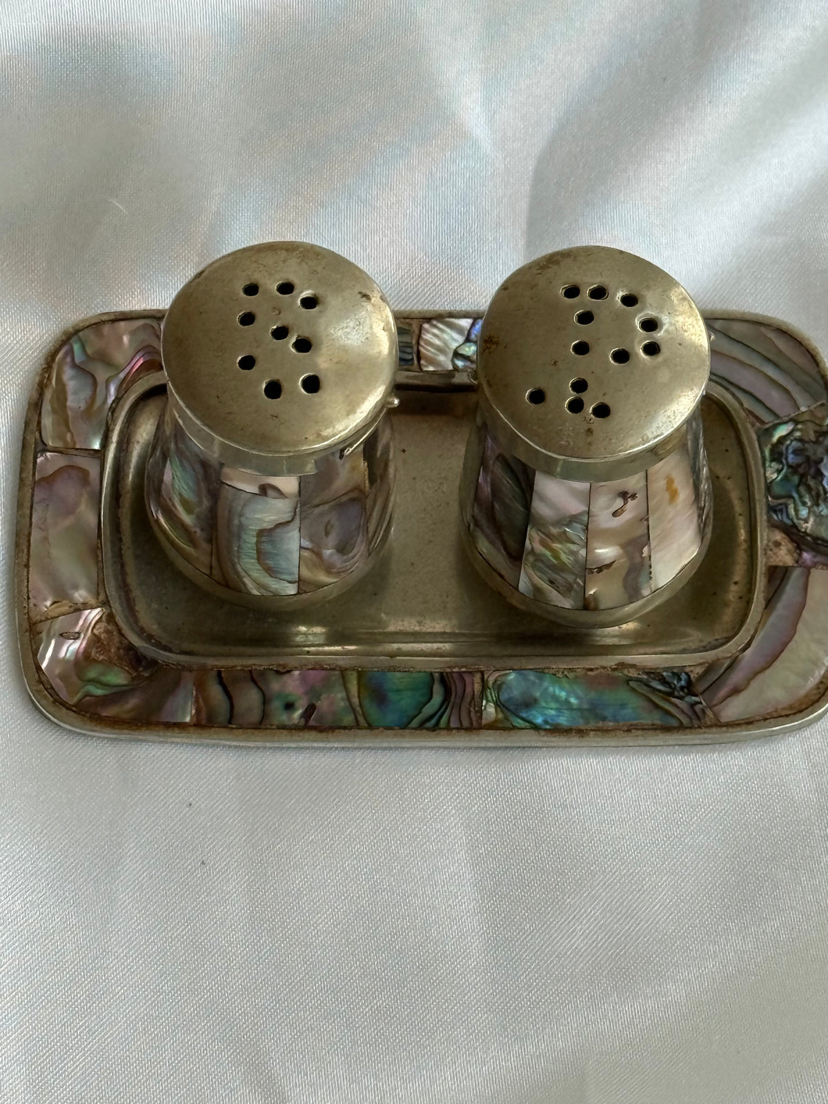 Vintage Abalone Shell Salt & Pepper Shakers with Matching Tray
