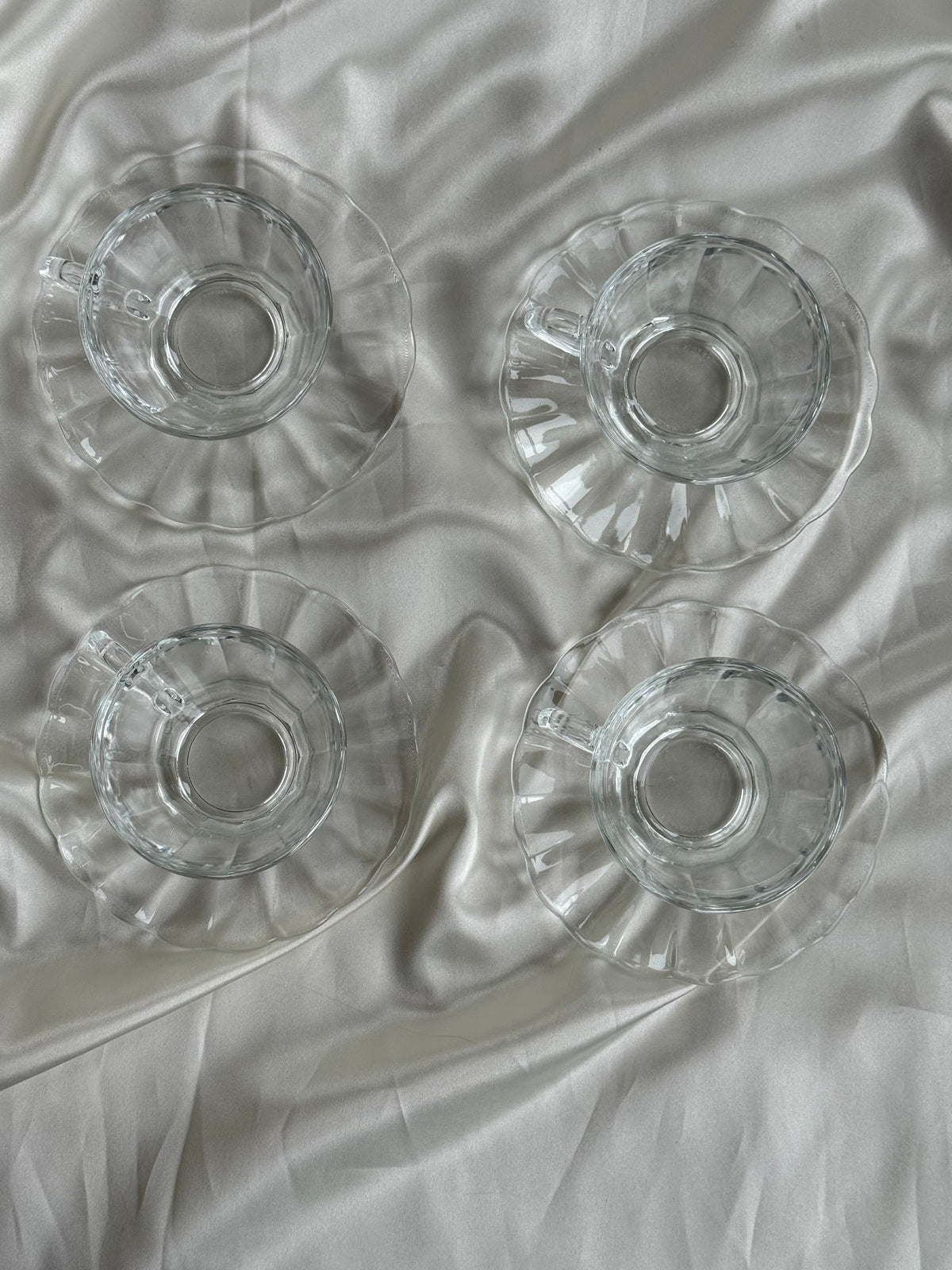 Vintage French Clear Glass Coffee Cups & Saucers – Set of Four