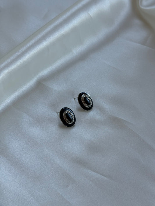 Vintage Black & Silver-Tone Oval Stud Earrings