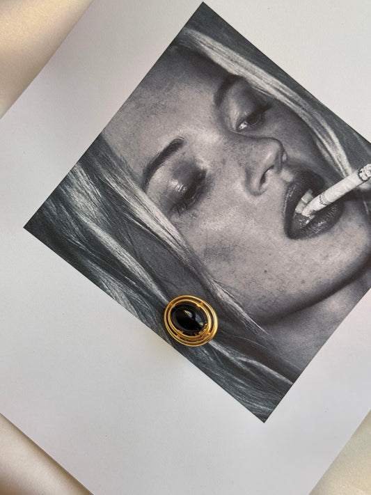 Vintage Gold-Tone & Black Cabochon Clip-On Earrings