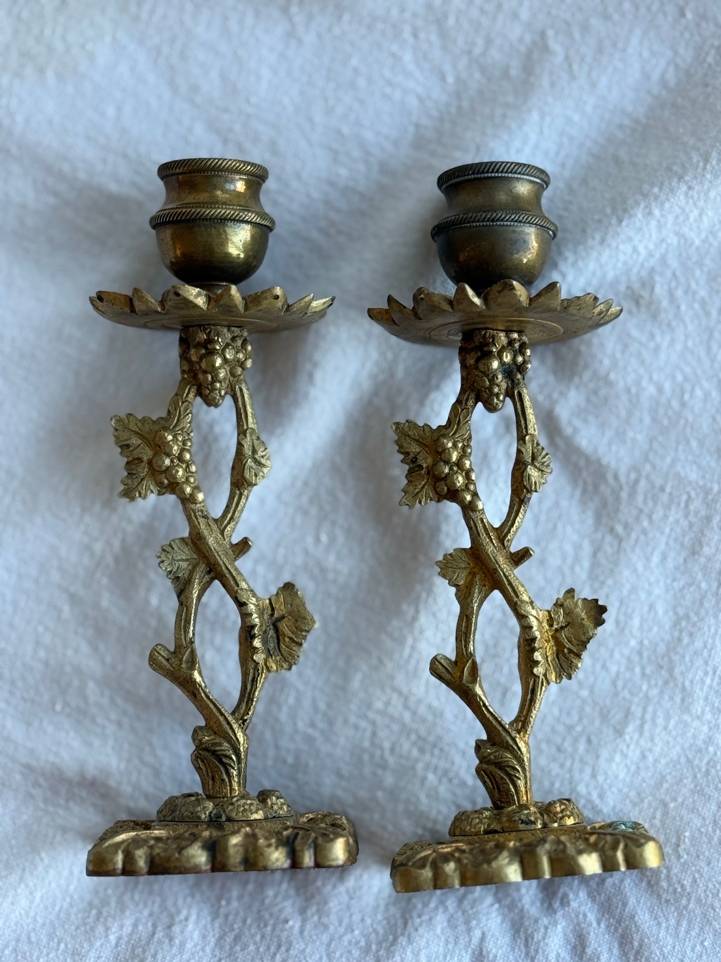 Pair of Antique Ornate Brass Grape & Vine Candlestick Holders