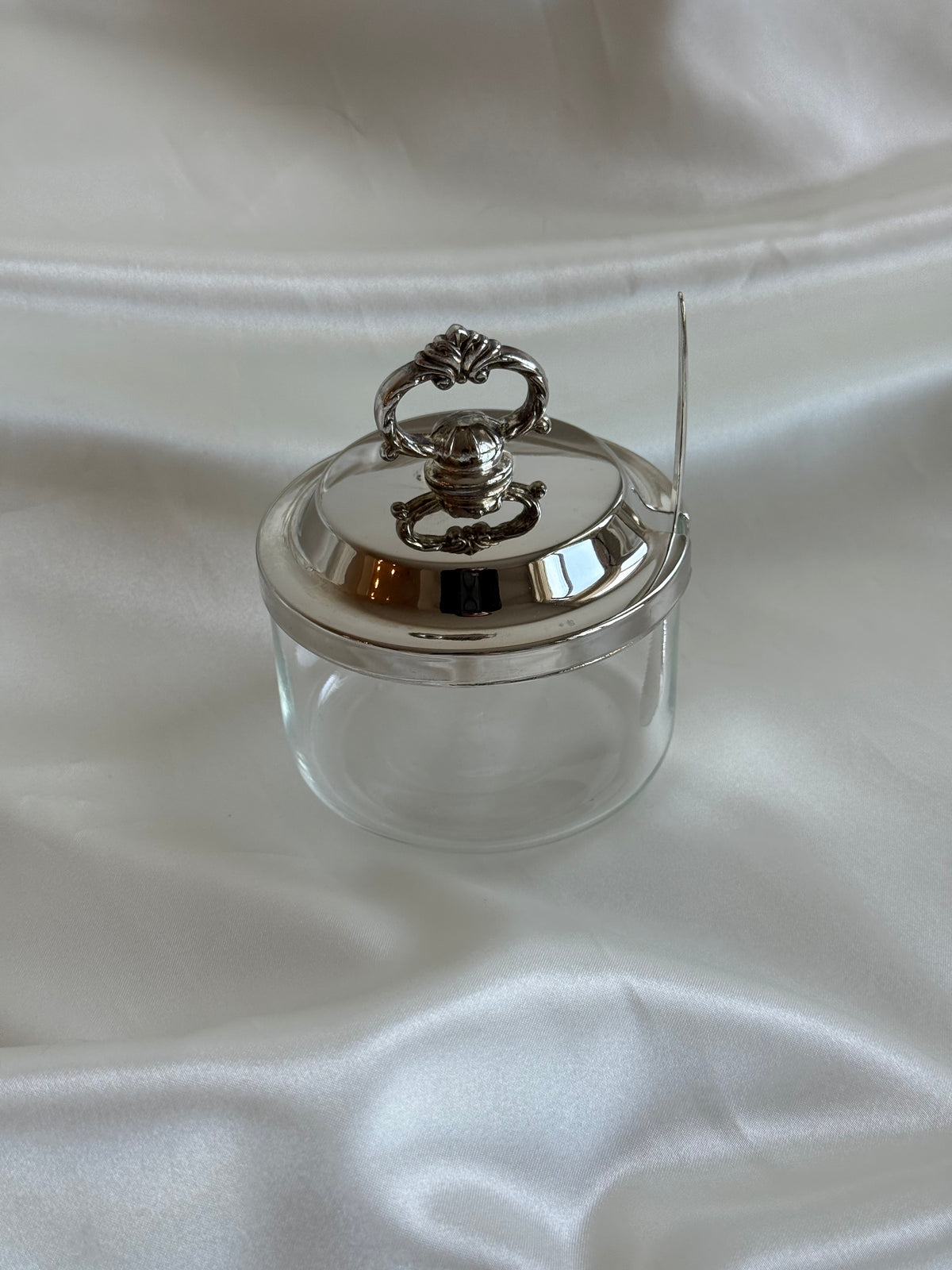 Vintage Silver Plated and Glass Condiment Jar with Ornate Lid & Spoon – Elegant Covered Serving Dish