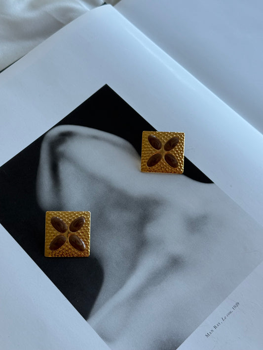 Vintage Textured Gold-Tone Square Stud Earrings