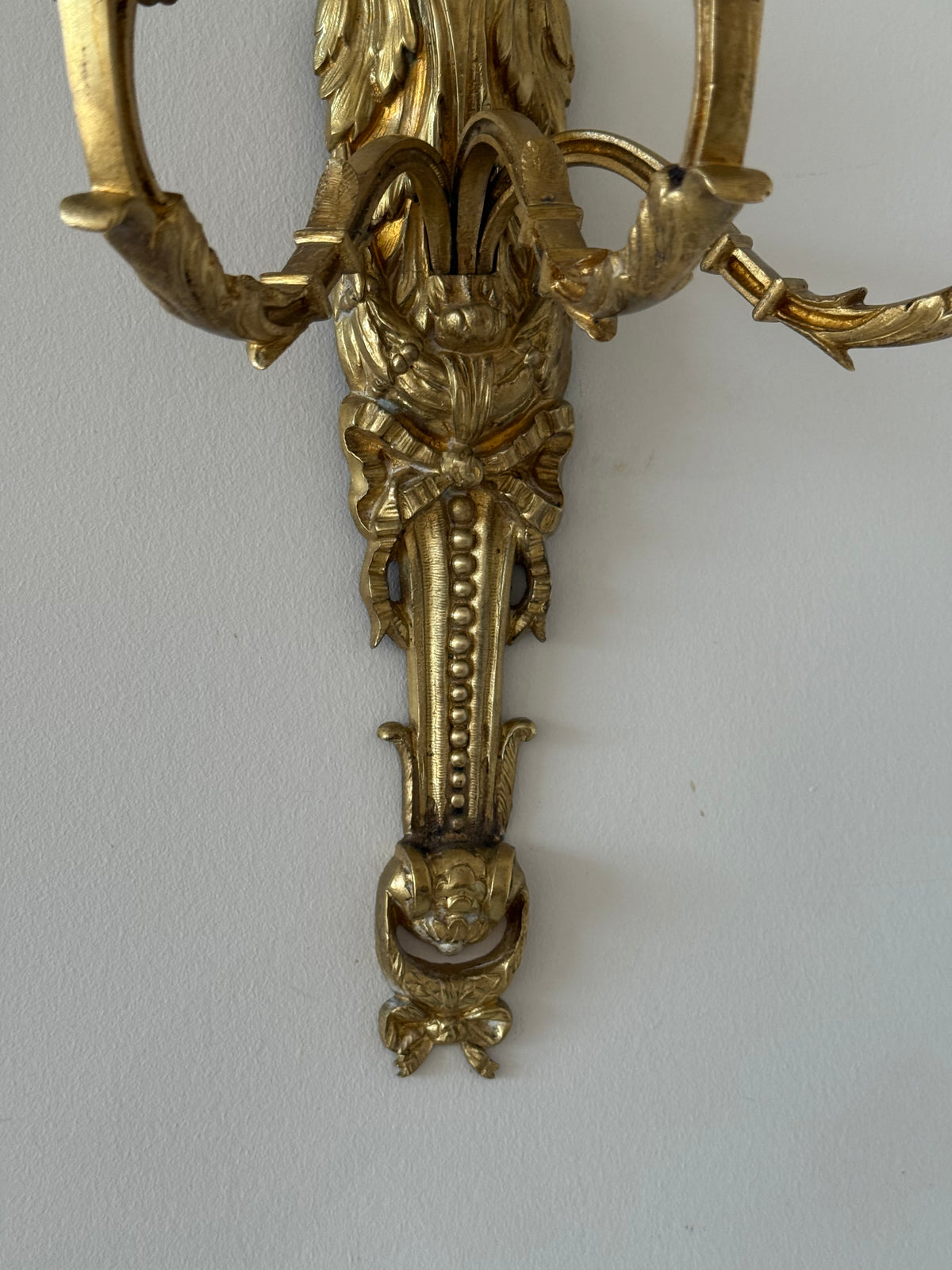 Antique French Solid Brass Three-Arm Wall Sconce, Louis XVI Revival